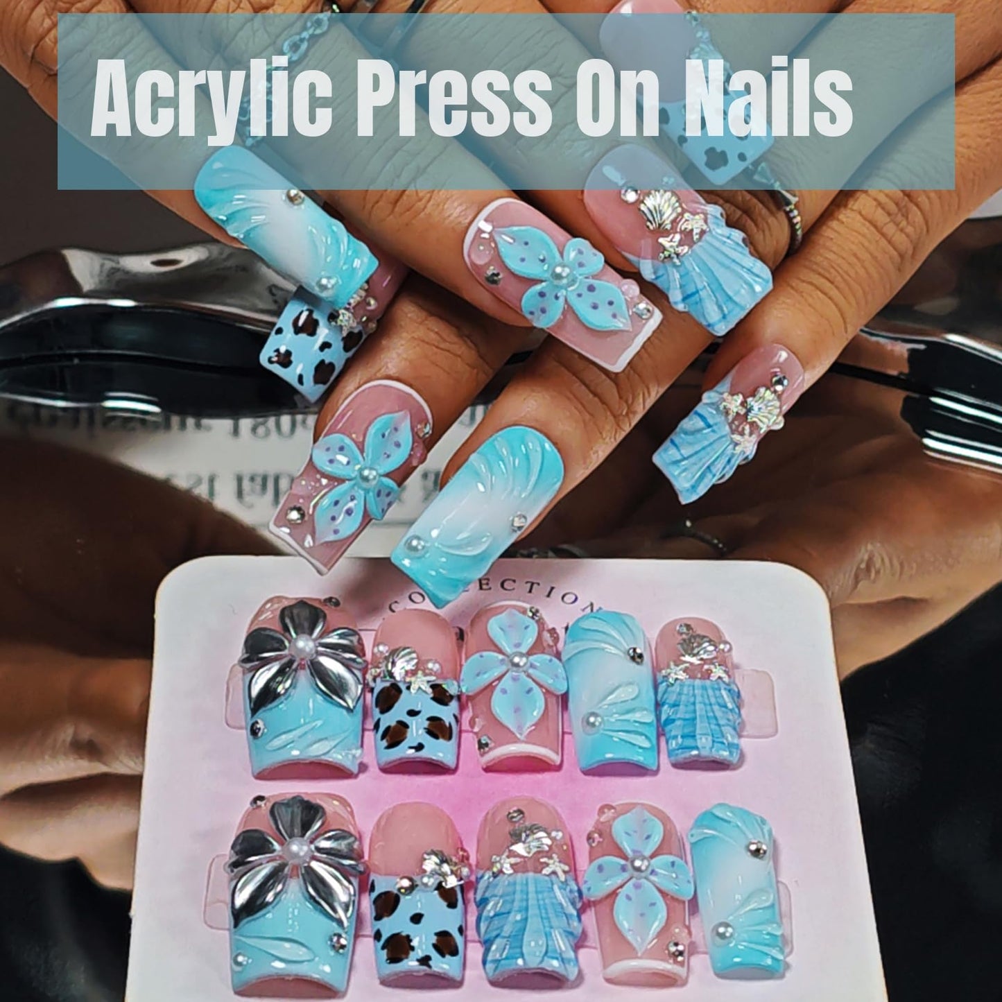Handmade Press On Nails Square, Blue Press On Nails Medium, 3D Acrylic Nails French Tip Silver Flower Shell Leopard For Women Gift, Reusable Stick On Fake Nails Kit With Nail Glue(Tidal Blossom-M)