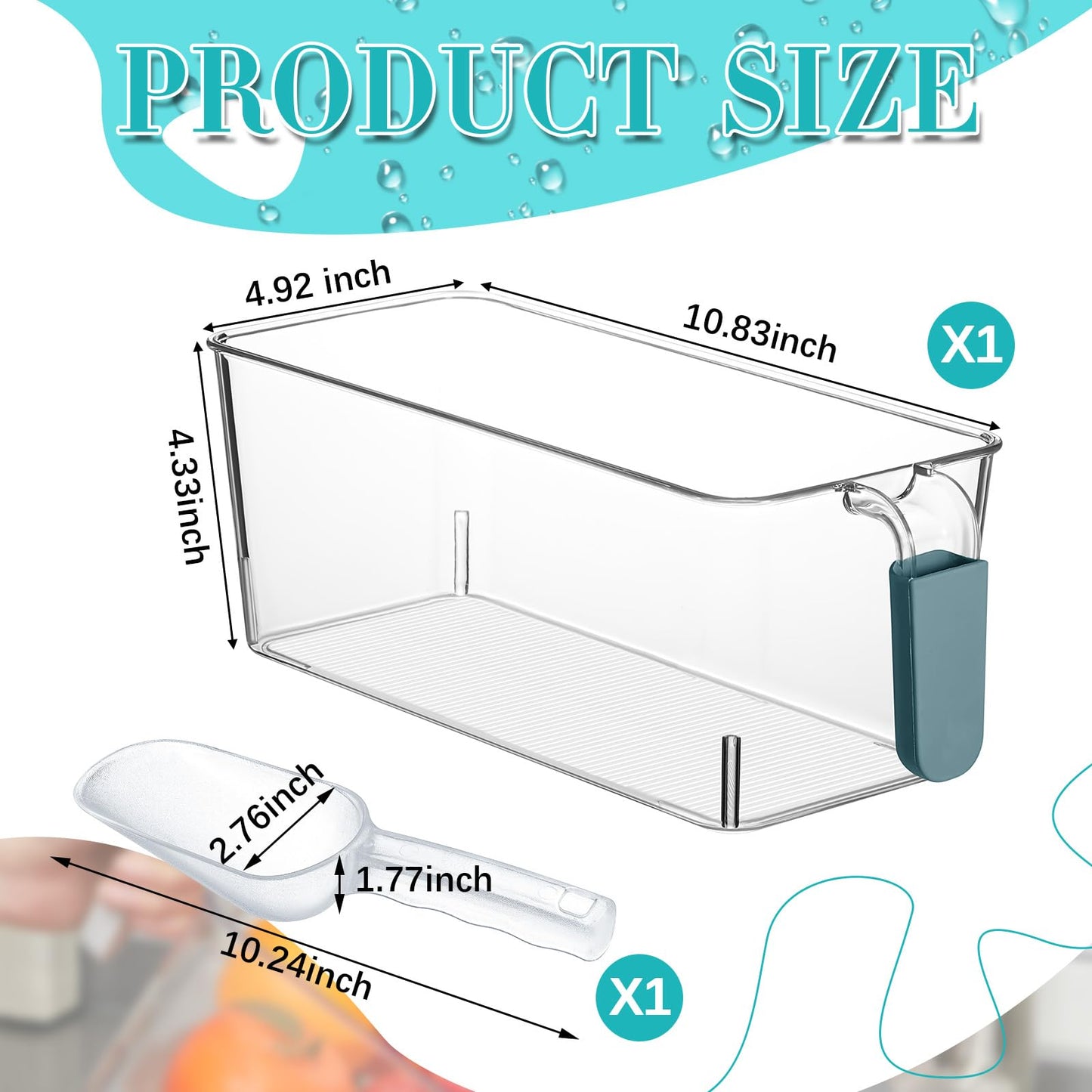Havawish Ice Bin and Flexible Scoop Set Plastic Freezer Ice Bin with Pull out Handle Storage Bucket Clear for Container with Bucket Scoop(Dark Blue, Clear,10.83 x 4.92 x 4.33 in)