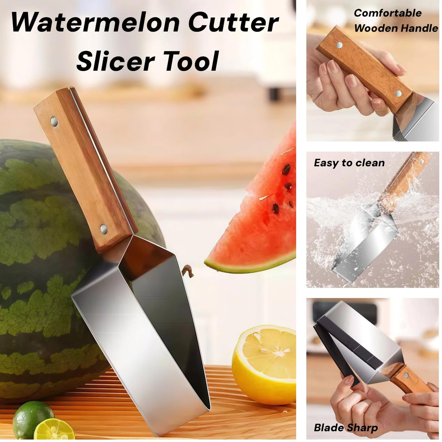 Stainless Steel Triangle Watermelon Slicer with Wooden Handle, Multi-Purpose for Watermelon, Cantaloupe, Apple & More, Effortless & Fast Fruit Cutter (2PCS)