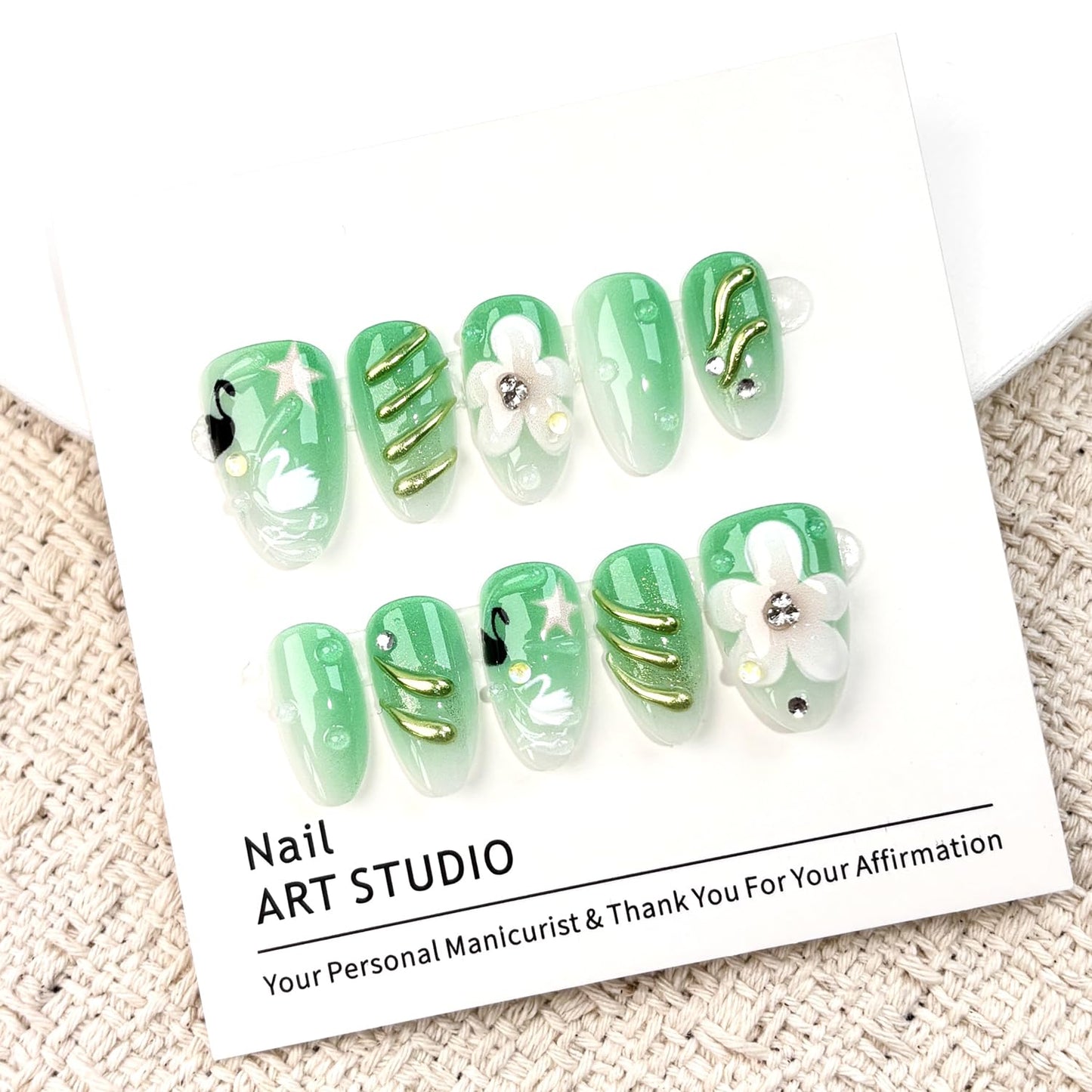 30Pcs Y2K Green Press on Nails Almond Fake Nails with 3D Flower Rhinestones and Black White Swan Design Green Gradient Spring False Nails Gold Lines Full Cover Handmade Stick on Nail for Women