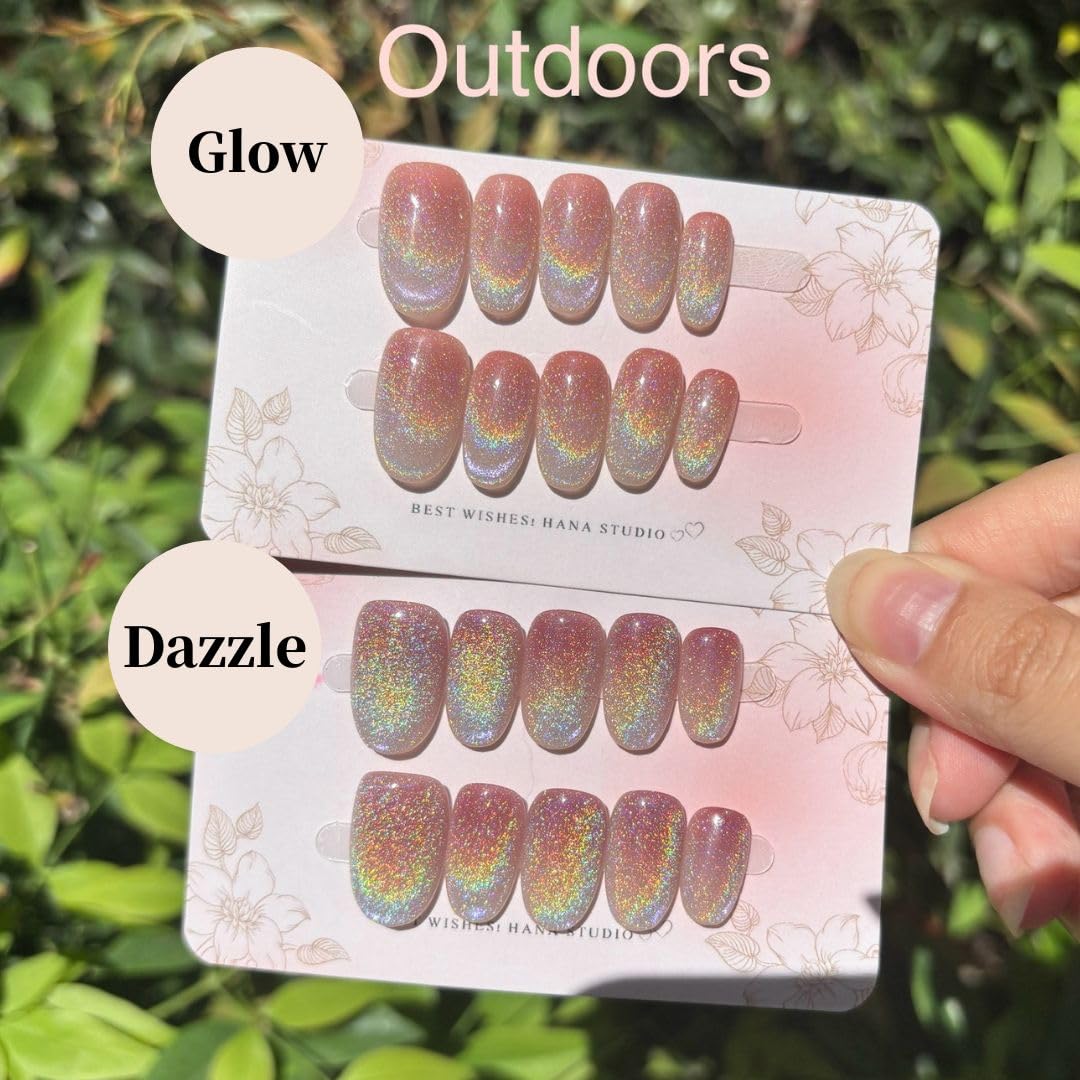 HANAKOKO Handmade 3D Press on Nails, Short Medium Oval Almond Nails, Fake Nails Glitter Cat Eye Nails, Gel Nails, Durable Reusable False Nails, 10 Pcs (Dream Dazzle, M)