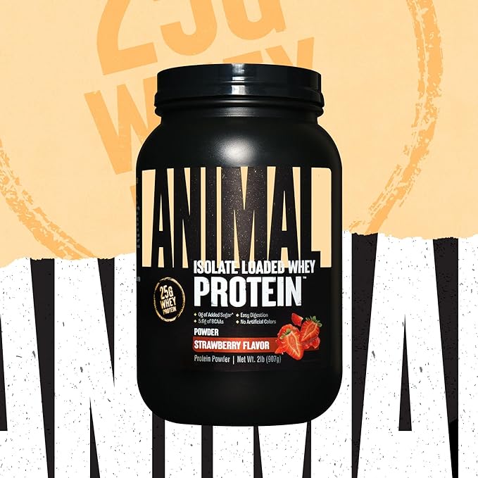 Animal Whey Isolate Protein Powder - Loaded for Pre & Post Workout Muscle Builder and Recovery with Digestive Enzymes for Men & Women - 25g Protein, Great Taste, Low Sugar - Strawberry 2 lbs
