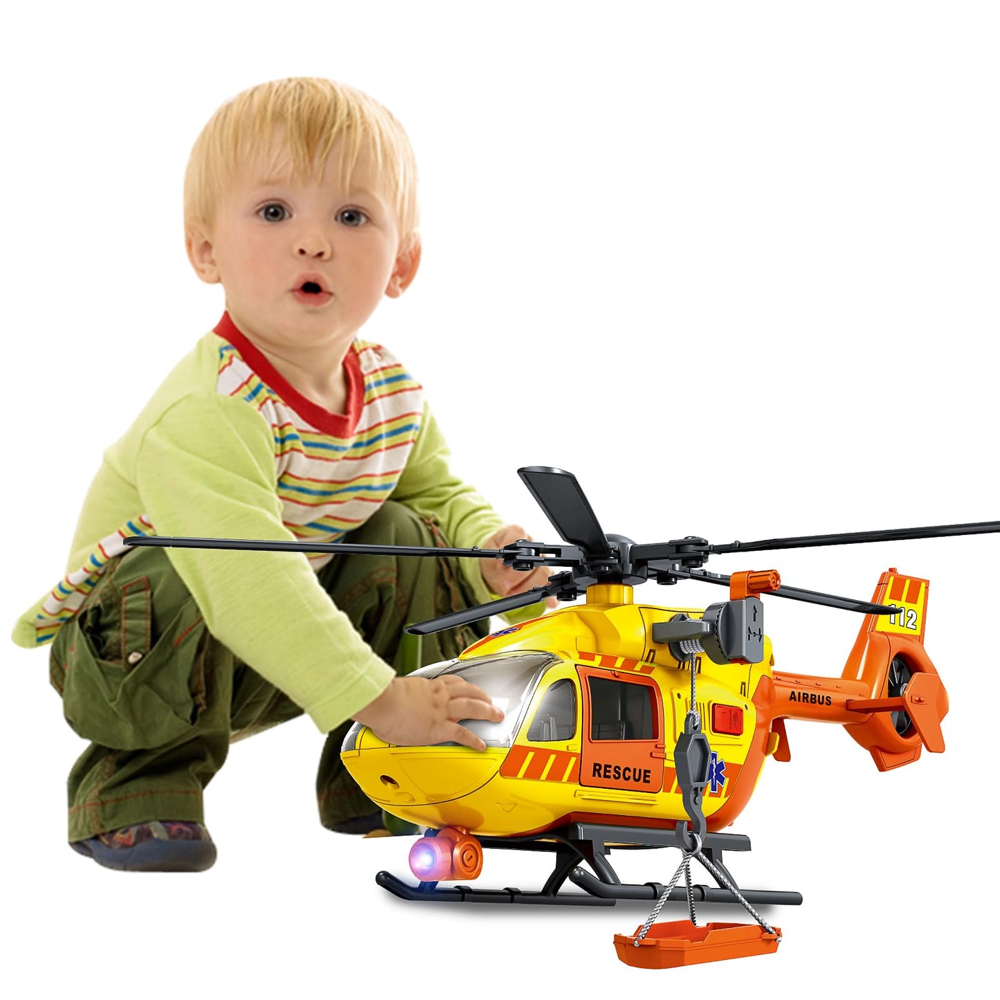 XUEXUE Large Rescue Helicopter Toy 15 Inch, Yellow Emergency Helicopter with Crane & Hanging Tray, Lights and Sounds, 112 Rescue Sign, Helicopter Toys for Kids 3-7, Birthday Gift