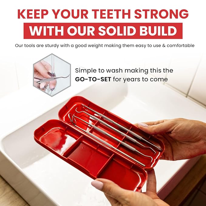 Dental Duty Dental Tools, Dental Pick for Teeth Cleaning Tools – Plaque Remover for Teeth with Teeth Cleaning Kit - Stainless Steel Dental Mirror for Teeth, Scraper and Scaler, (Red)