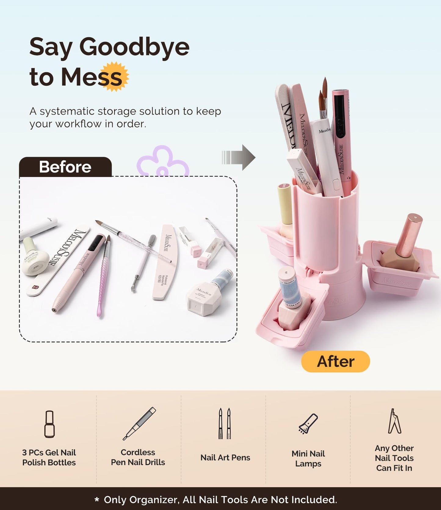 MelodySusie GelCarousel for Nail Polish Bottle Holder and 3D Mixed Nail Charms and Gems and Sandpaper Sheets and 7Pcs Nail File Kit