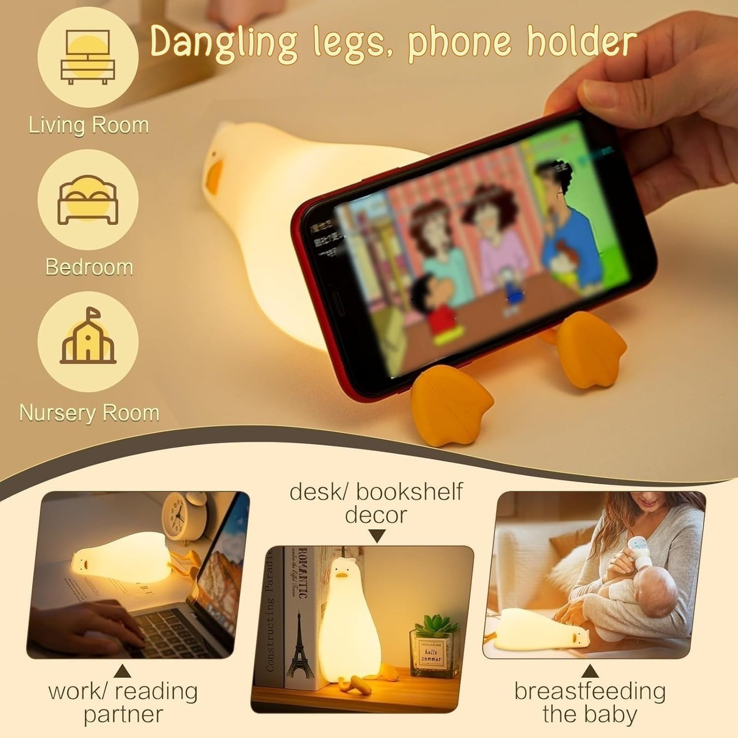 YR YRHH-PET Existential Crisis Duck Lamp, Squishy Kids Cute Lying Flat Duck Night Light, Rechargeable Ducky Lay Touch Lamp, College White Elephant Gifts, Mom Mothers Day Gift, Fun Decor, Safe Silicone