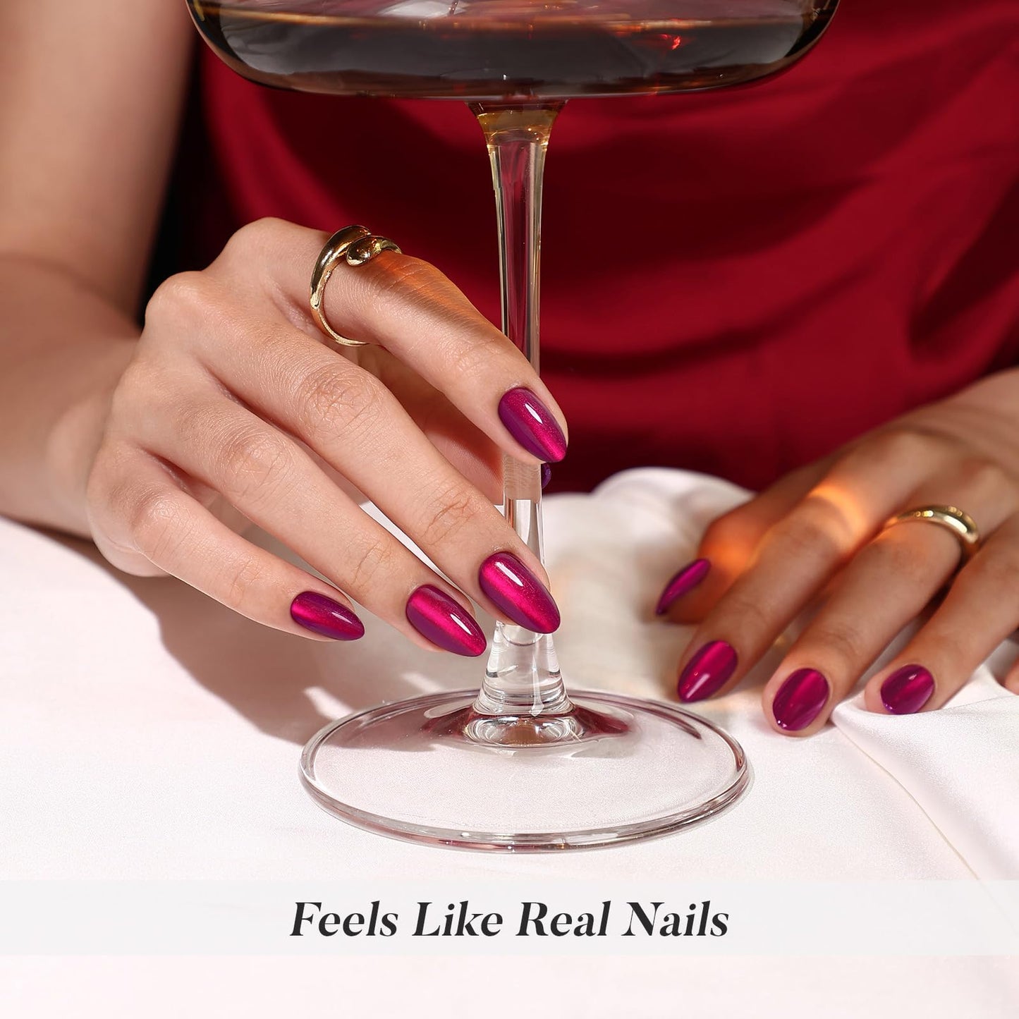 Burgundy Press on Nails Short - SHANGMENG Soft Gel Cat Eye Press on Nails Almond for Women Gift, Glossy Glue on Nails in 16 Sizes - 32 Reusable Fake Nails Kit with Glue, Noir Berry