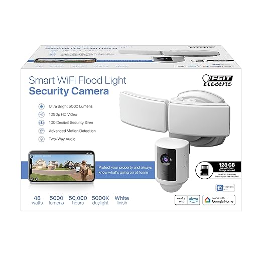 Feit Electric SEC5000/CAM/WIFI Outdoor LED Smart Security Camera with Motion Sensor, 2-Way Audio, 5000 Lumens Floodlight, Works with Alexa and Google Asst, Alarm, Hardwired, Updated Version of SEC3000