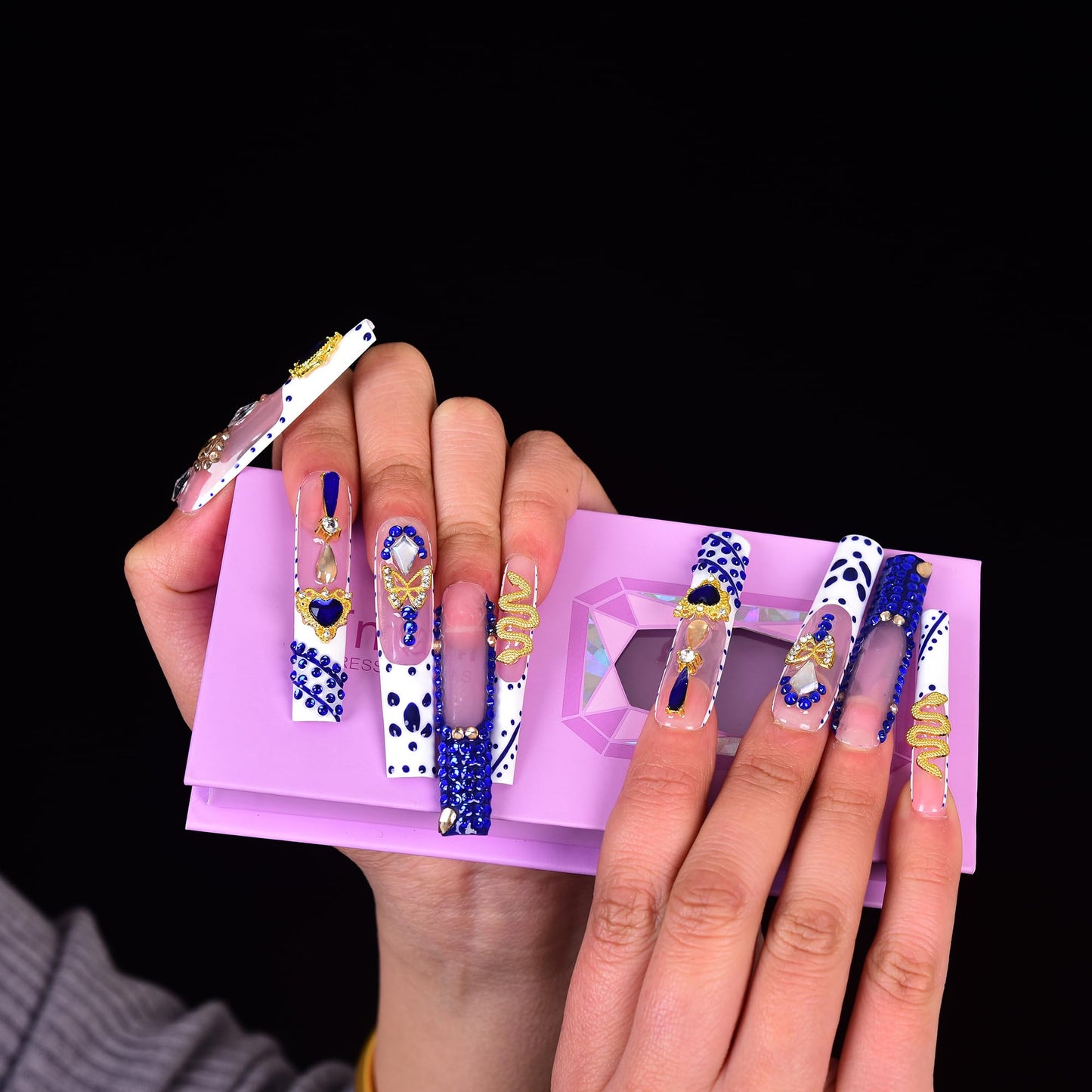 Tmani 10pc/set Extra Long Handmade Press On Nail Hot Girl's Long Ballet Square Nail Full of Diamond Glitter Decoration Fake Nails Suitable For Girls Festival Parties and Birthday Gift（437,Size-S)
