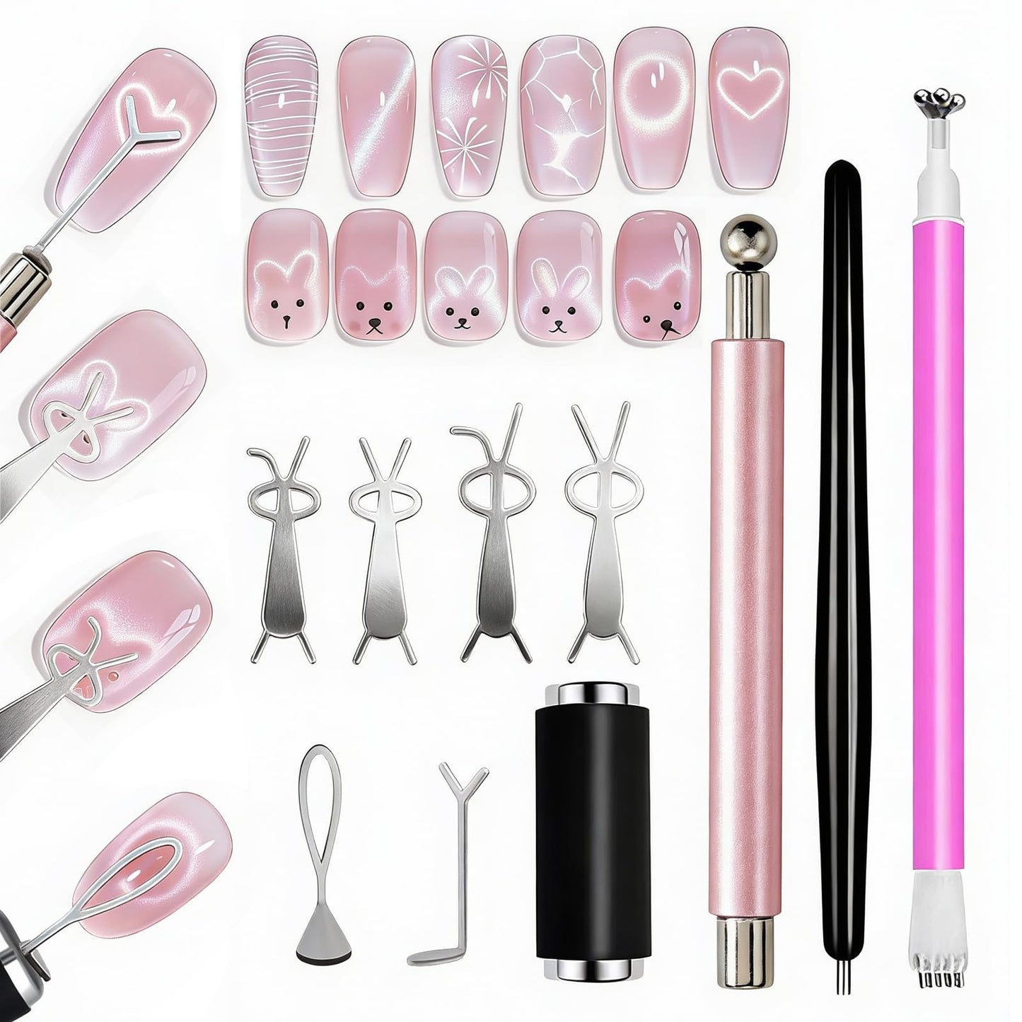WOKOTO 4 PC Cat Eye Magnets With 6 Pcs Iron Stencils For Nails, Cylinder Nail Magnets With Magnet Ball, Short Cylinder, Point & Flower Nail Polish Magnet For Nails, Heart & Bunny Stencils Magnet Tools