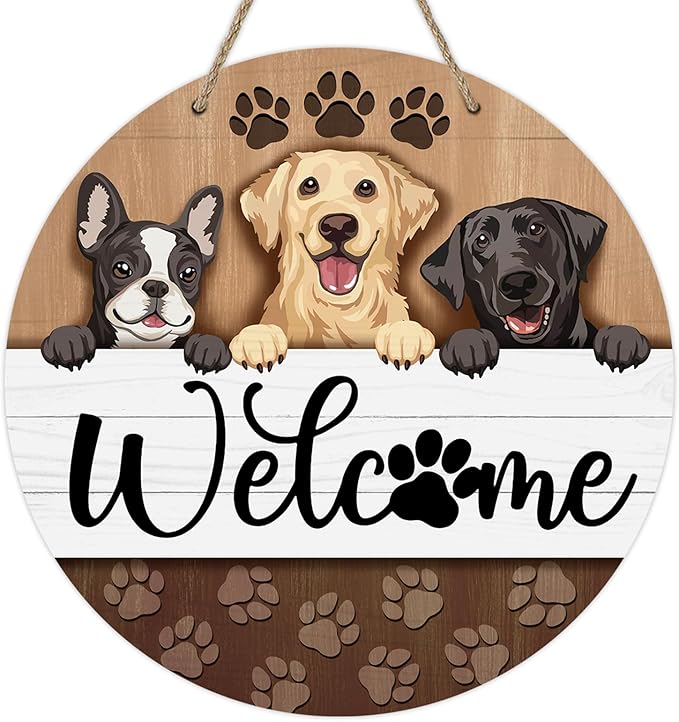 Deroro Welcome Dogs Front Door Sign, Paw Prints Wood Door Hanger Outdoor