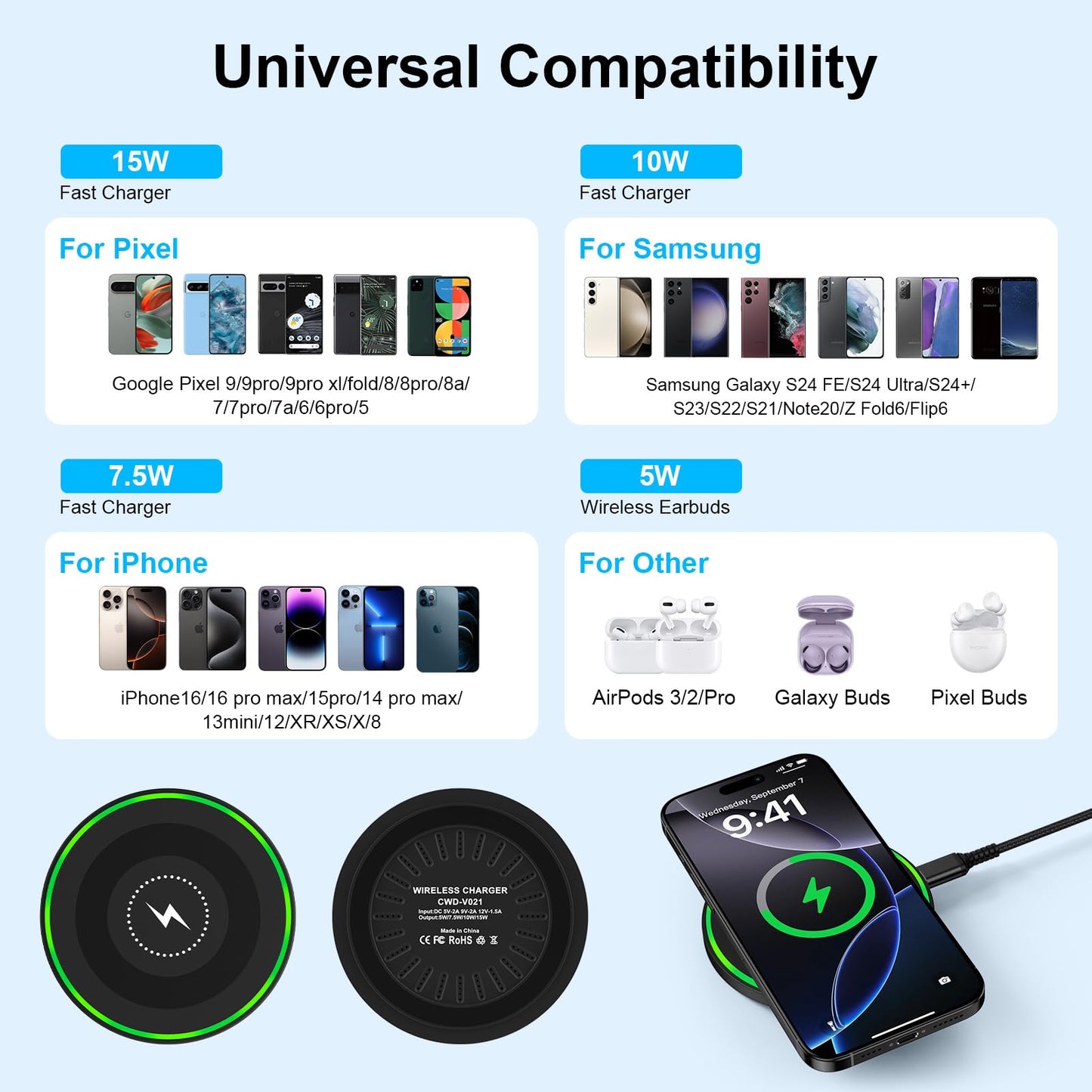 15W Wireless Charger Fast Charging Pad for Motorola Moto G Power 2025/razr+/G Stylus 5G 2025/Edge+, Android Wireless Charging Station with 18W Adapter for Samsung Galaxy S26 S25 Ultra S24 FE, Pixel 10