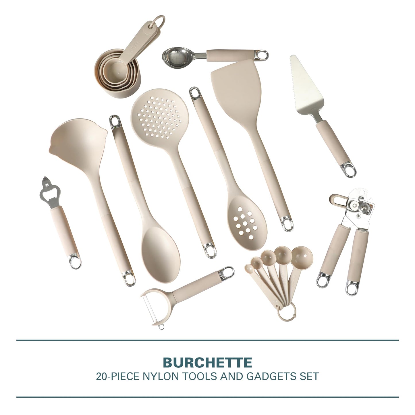 Gibson Home 20-Piece Kitchen Gadget & Tool Set – Nylon Cooking Utensils Spatulas, Ladle, Skimmer, Serving Spoons, Measuring Cups & Spoons, Can Opener, Peeler, Ice Cream Scoop & More