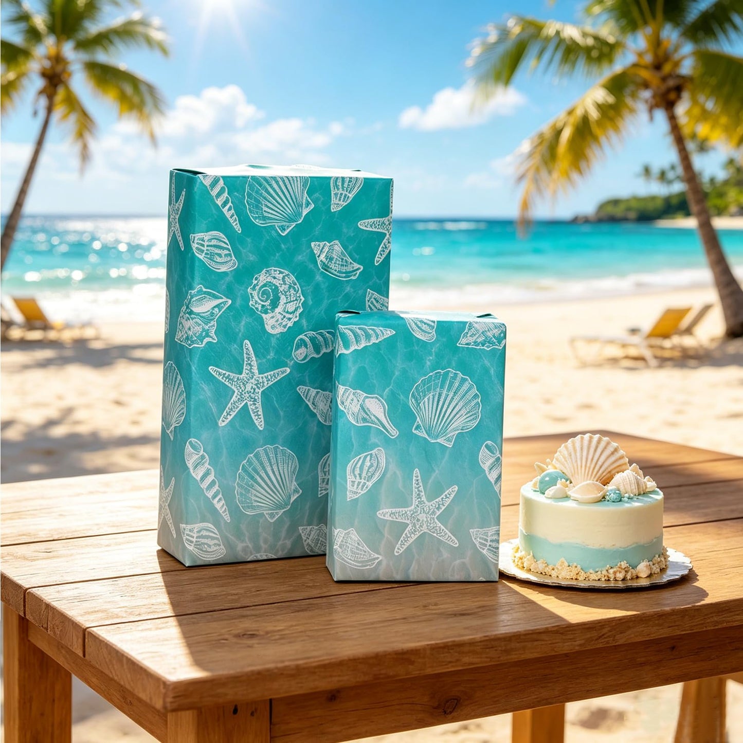 Beach Seashell Wrapping Paper Roll - 17Inch x 16.5Ft - Ocean Themed Gift Wrap Paper, Sea Shell Printed Gift Packing Supplies for Coastal Wedding Summer Beach Birthday Party Crafts Decorations