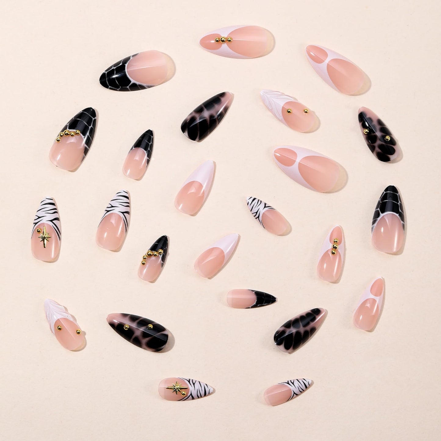 octoswave Press on Nails Medium Almond Fake Nails French Black and White Artificial Nail 3D Gold Rhinestones Stick on Nail for Women 24pcs