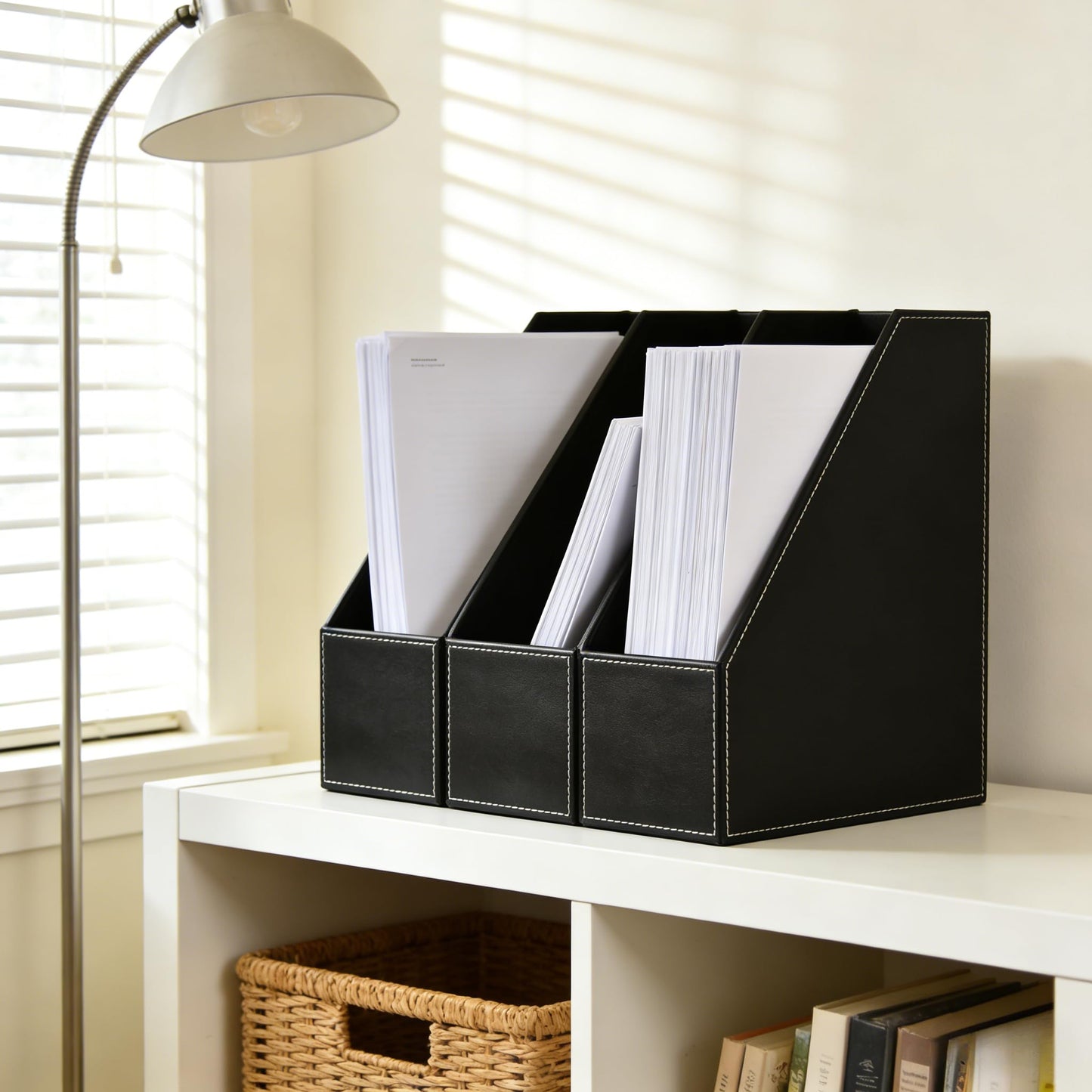 Vertical Style,Leather Magazine Holder Office Desk Organizer File Document Tray Box Bookends Book Stand (Black (2 Slot))