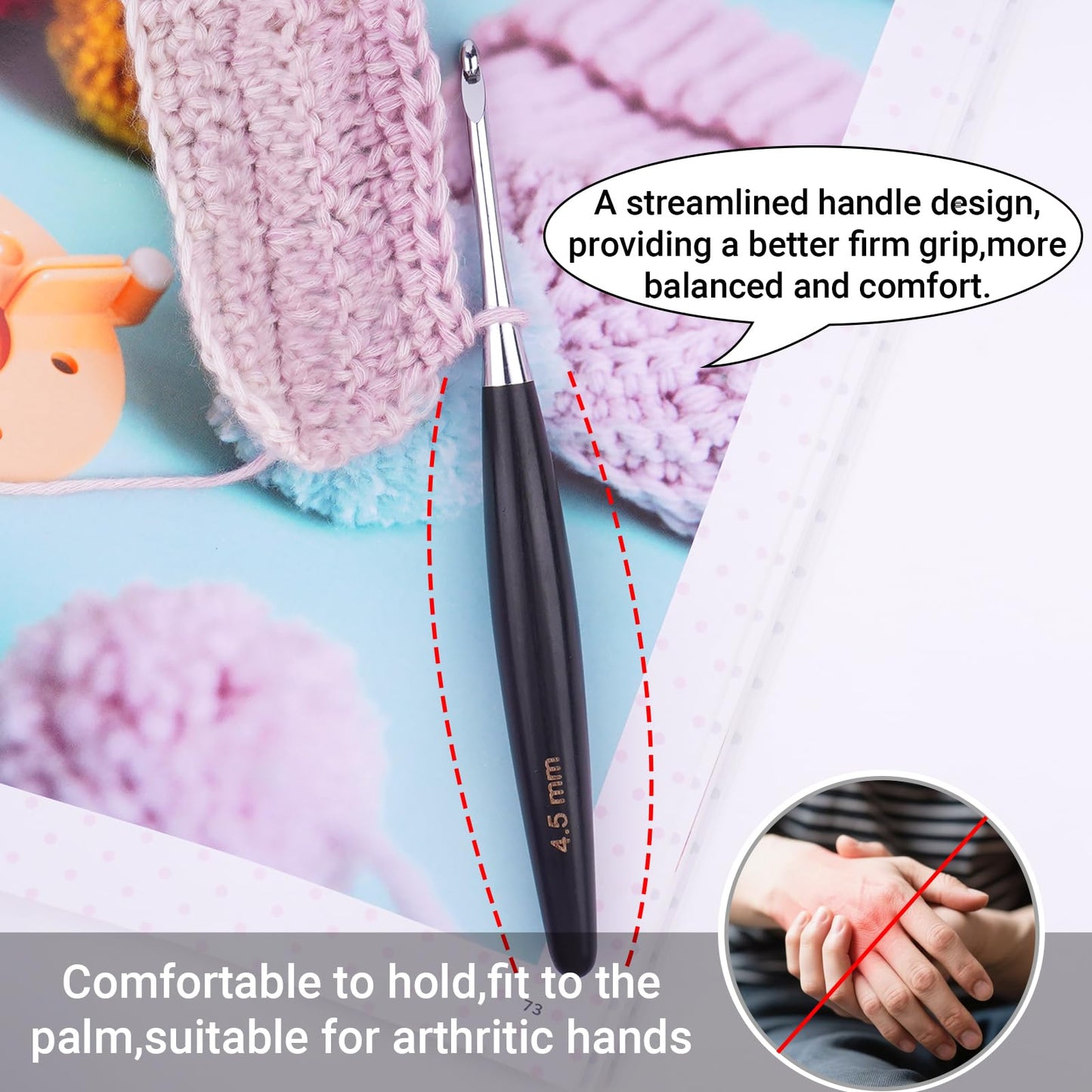 Hobekoee Inline Crochet Hooks Set 9 Sizes 3.5mm(E)-8mm(L) Wooden Handle Crochet Hooks Set with Case,Ergonomic Grip for Arthritic Hands