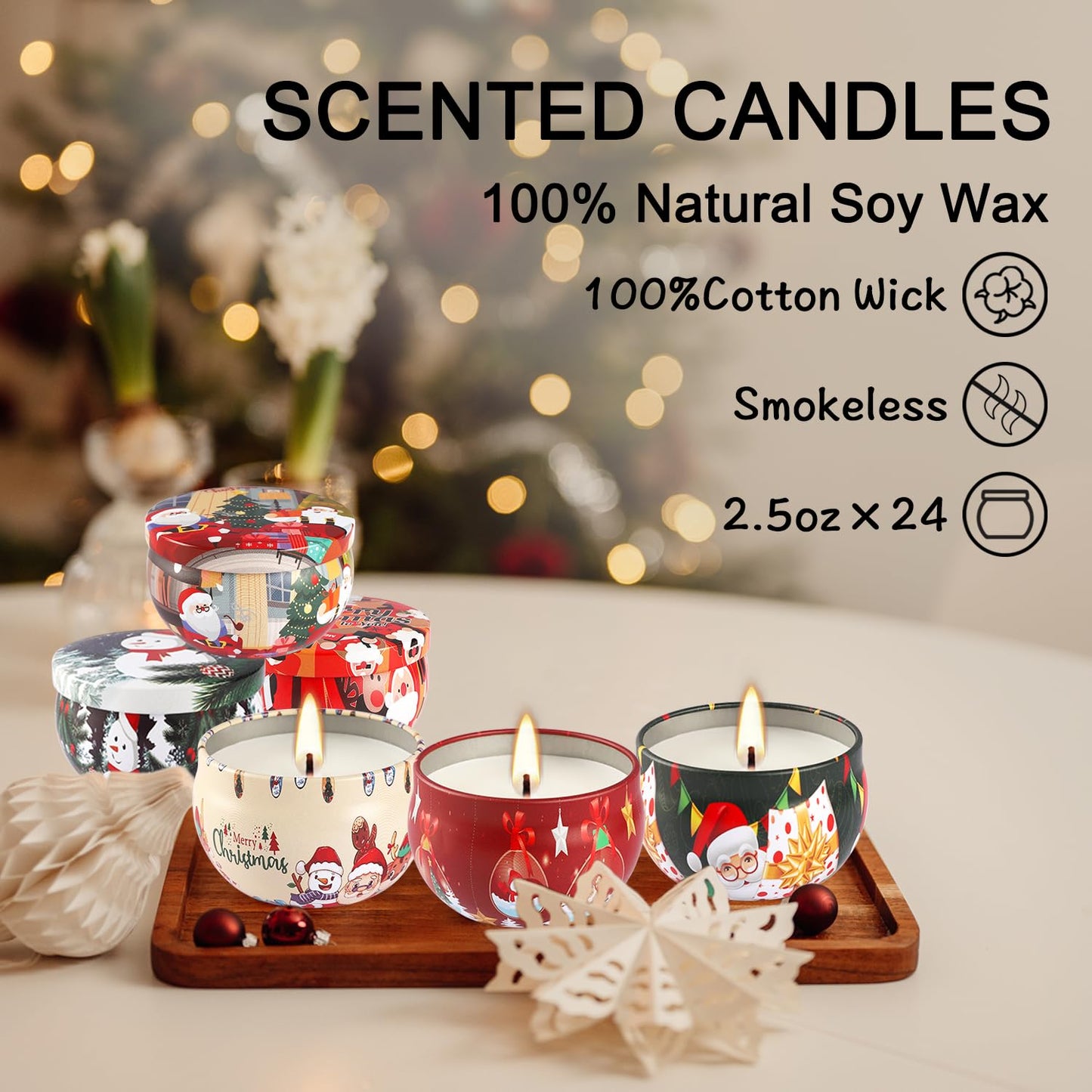24Pack Christmas Scented Candle Tins Gift Set - Soy Wax Festive Aromatherapy Candles 2.5oz- Smokeless Long Lasting Burn time for Advent & Christmas Gifts Holiday Decor & Gifting.