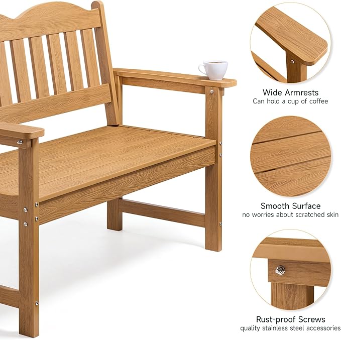 ONBRILL Outdoor Bench, 2-Person Poly Lumber Garden Bench with 800 lbs Weight Capacity, All-Weather Patio Bench with Armrests and Backrest for Garden, Porch, Backyard and Park, Teak