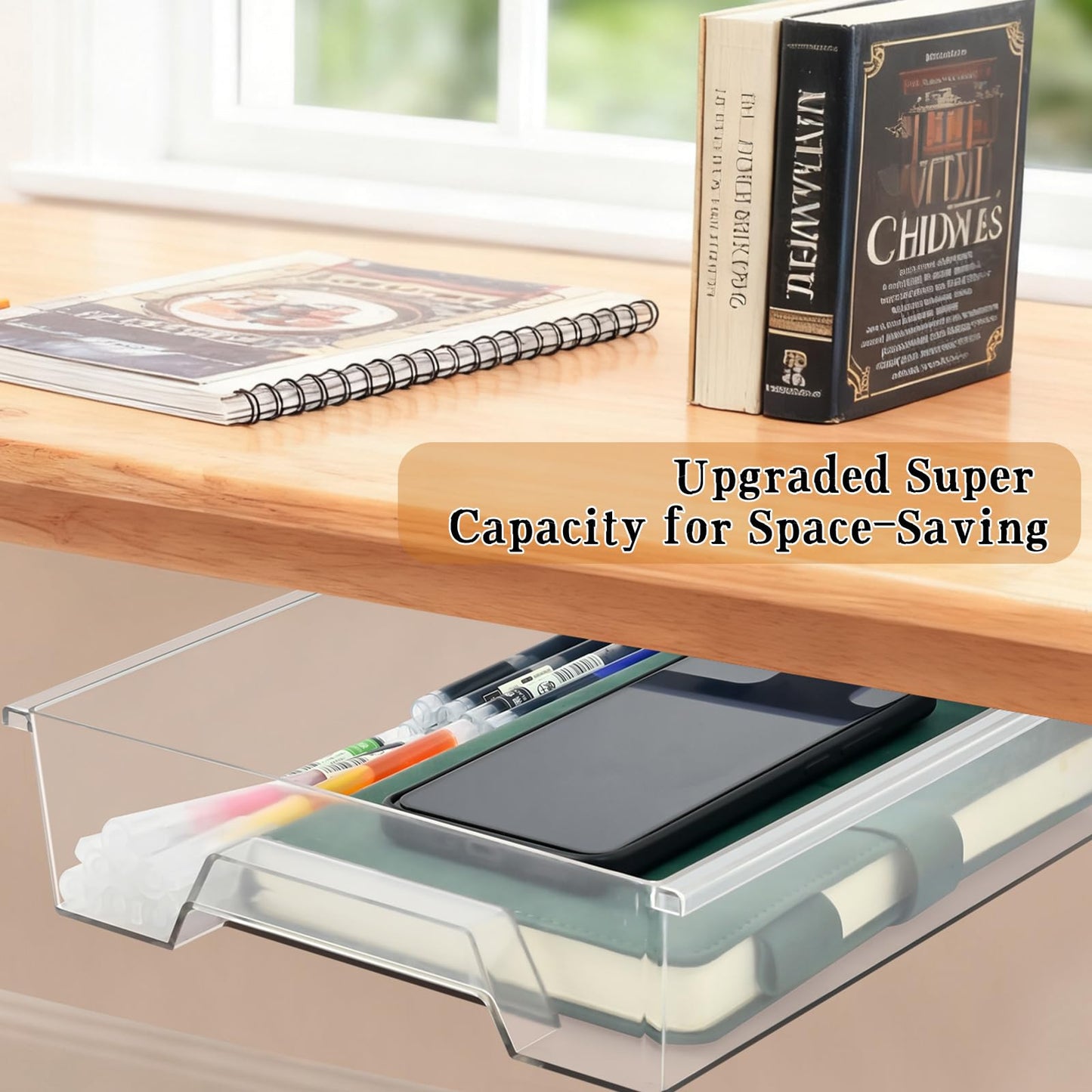 2 Pair Super Capacity 11.85 "x 8.9" Under Desk Drawer Hidden Strorage Drawer Self-Adhesive Slide Out with Smooth Gliding Motion - Attachable & Space-Saving Under Desk Organizer with Screw Kit, Clear