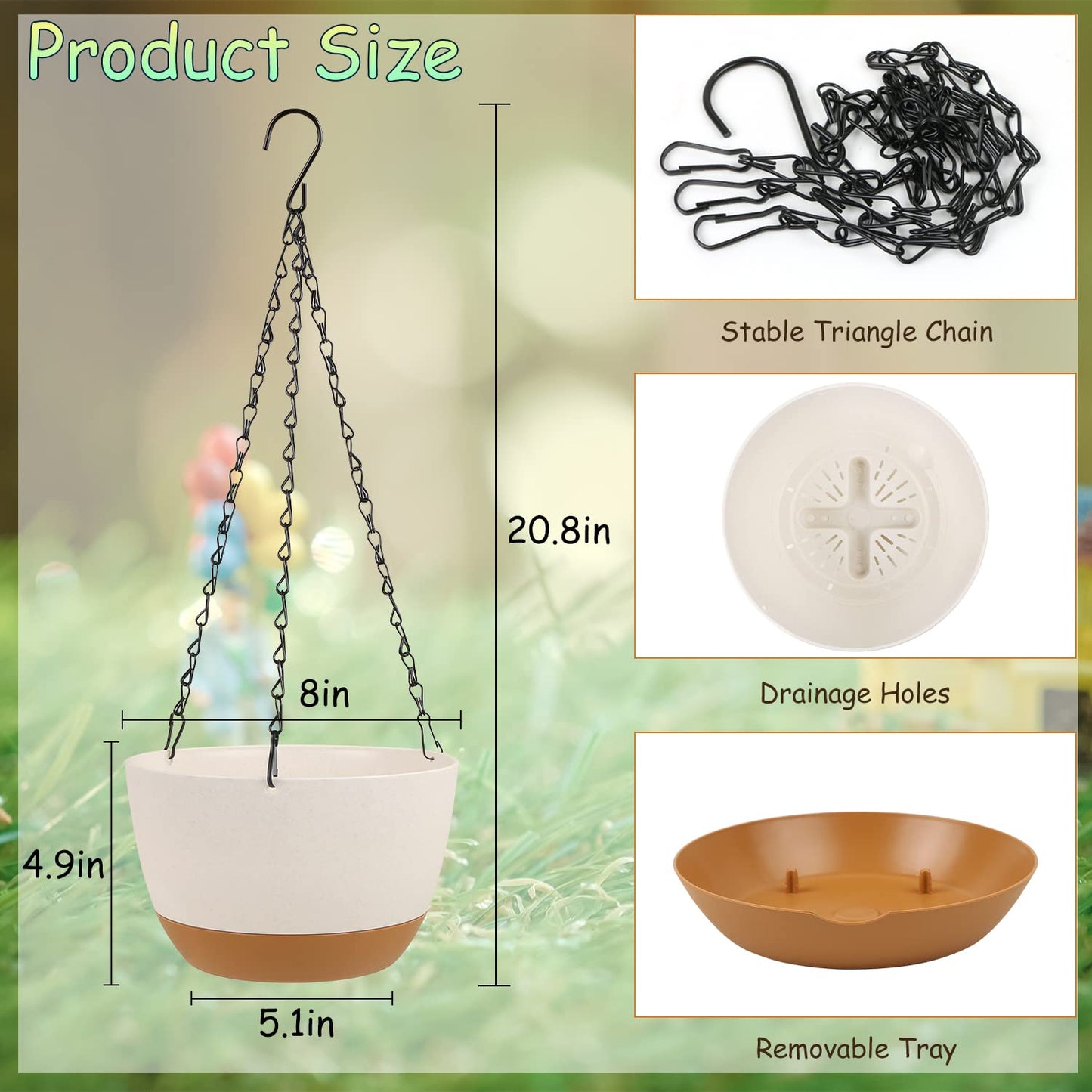 LIYDE 3 Pack Hanging Planters, 8 Inch Small Hanging Pots Self Watering Hanging Planters for Indoor Plants with Drainage Holes and Removable Tray Hanging Basket
