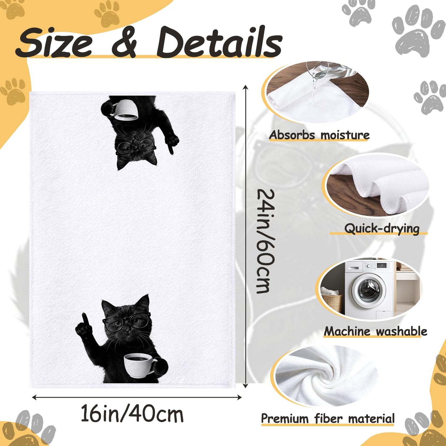 Fakindiy 4-Packs Funny Black Cat Kitchen Towels - 16x24 Inch Microfiber Dish Towels, Super Absorbent & Quick Drying Towels for Kitchen Coffee Bar,Gift for Cat Lovers Women Mom (Black Cat)