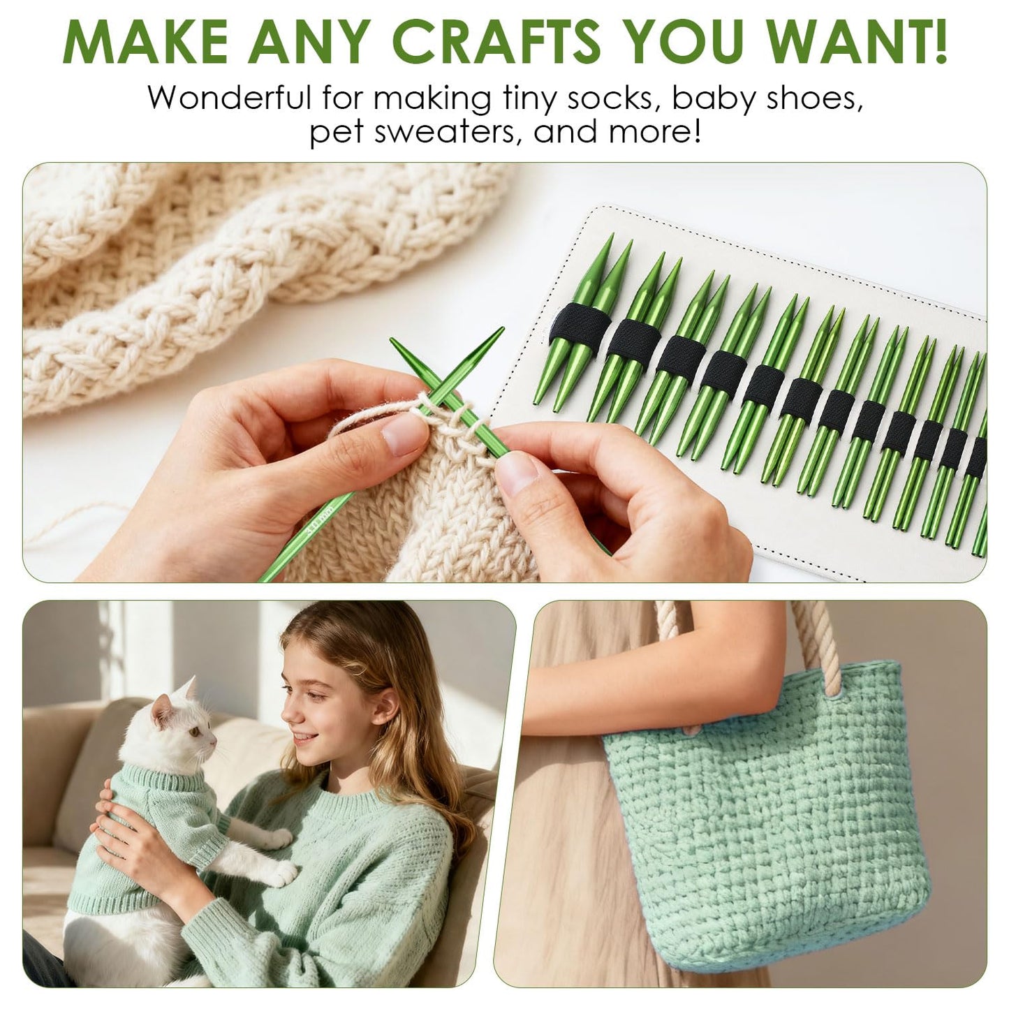 Interchangeable Circular Knitting Needles Set Premium Aluminum Knitting Kit 13 Pairs of 4 Inch with 4 Cables, Accessories and Storage Bag Green