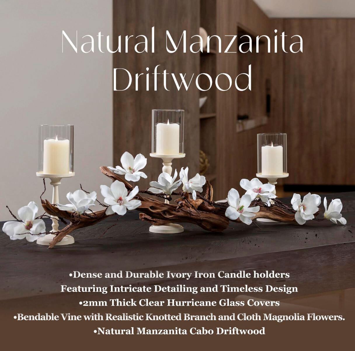 Magnolia Vine Driftwood FarmhouseTable Centerpiece - 3pc Candle Holder Set - Floral Table Decor for Dining Room, Living Room, Mantle & Weddings (Ivory)