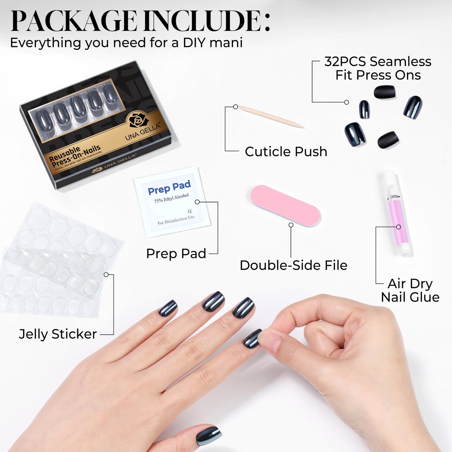 UNA GELLA 32Pcs Soft Gel Press on Nails - 16 Sizes Black Chrome Mirror Short Square Glue on Nails, Reusable Metallic Glossy Black False Nails, Full Cover Acrylic Nail Kit for Women DIY Home Manicure