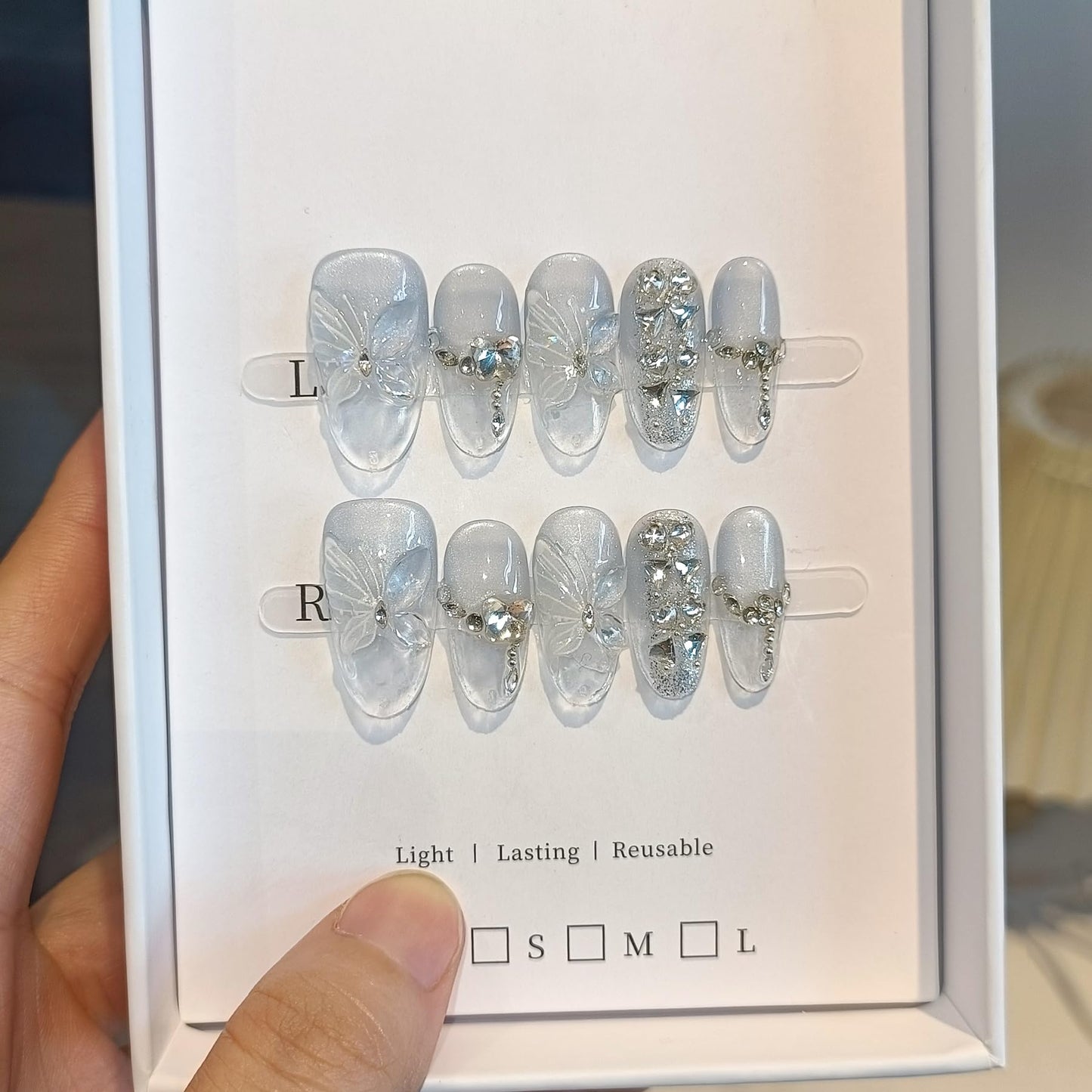 TENPAL Cat Eye Press on Nails 10Pcs Full Kit - Short Oval Icy Ocean Gradient False Nails, 3D Butterfly Rhinestone Spring Summer Fake Nails, Ethereal Glue on Nails for Girls Glitter Shimmer Design(M)