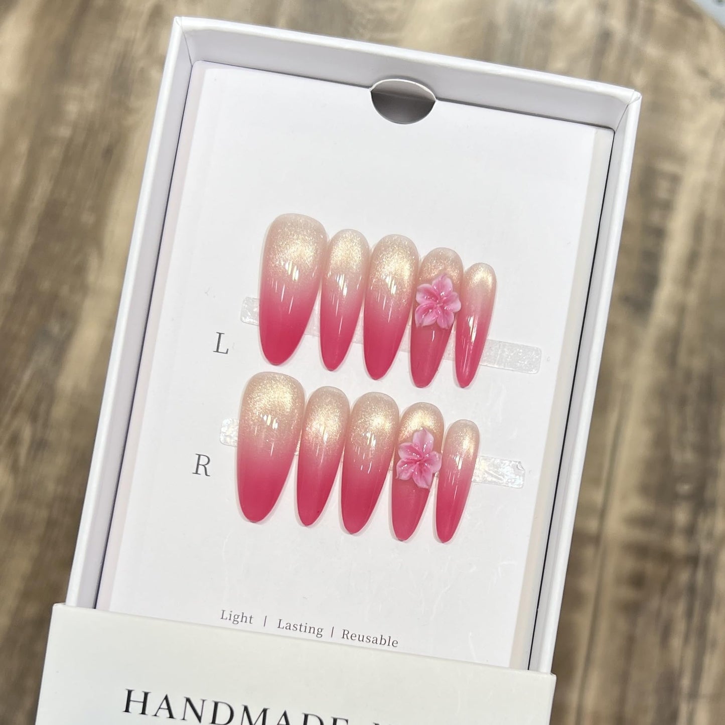 Romantic Pink Ombre Press On Nails, 3D Floral Embellished Long Almond Fake Nails, Reusable Manicure Set (L)