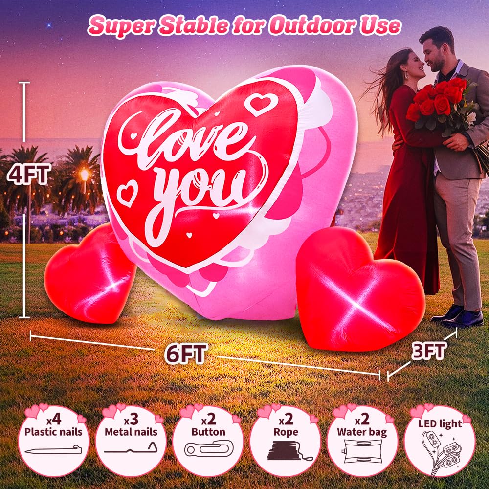 KOOY 6FT Long Mothers Day Inflatables Outdoor Decorations Heart Inflatable with Light for Valentine's Day Gift Engagement Wedding Anniversary Romantic Party Yard Décor