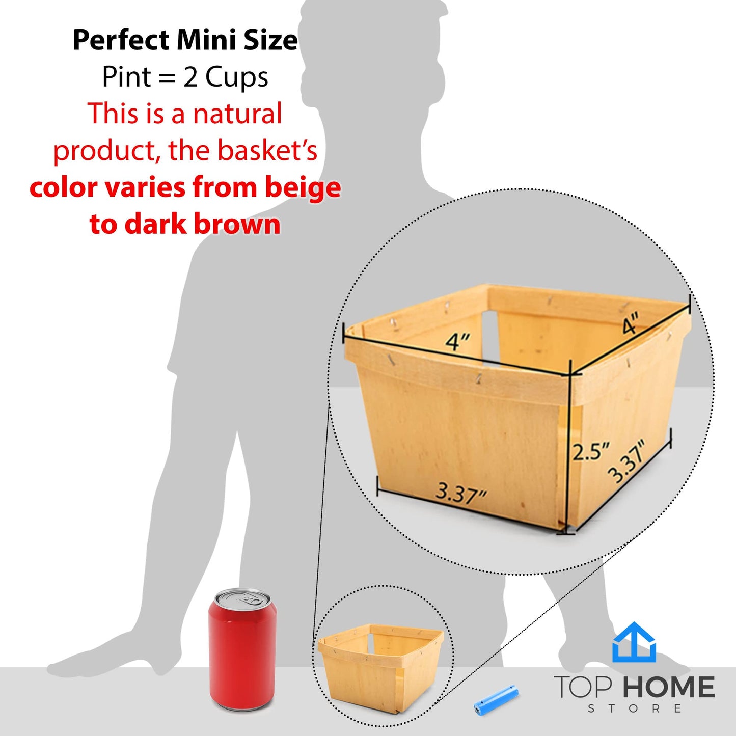 Top Home Store One Pint Wooden Berry Baskets (10 Pack) – For Fruit Picking, Arts, Crafts, and Decor; 4” Square Vented Wood Boxes