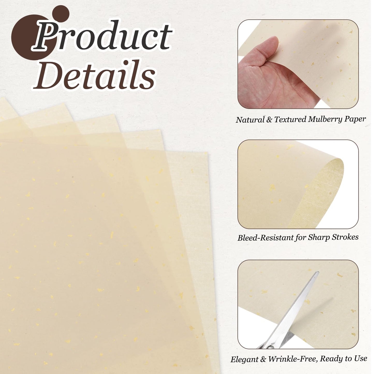 MECCANIXITY 100Pcs A4 Mulberry Paper, Natural Wood Fiber Unprepared Rice Paper Sheets Handmade Decoupage Art Tissue for Calligraphy DIY Drawing Writing Scrapbooking, Gold Dots Beige 8.3"x11.7"