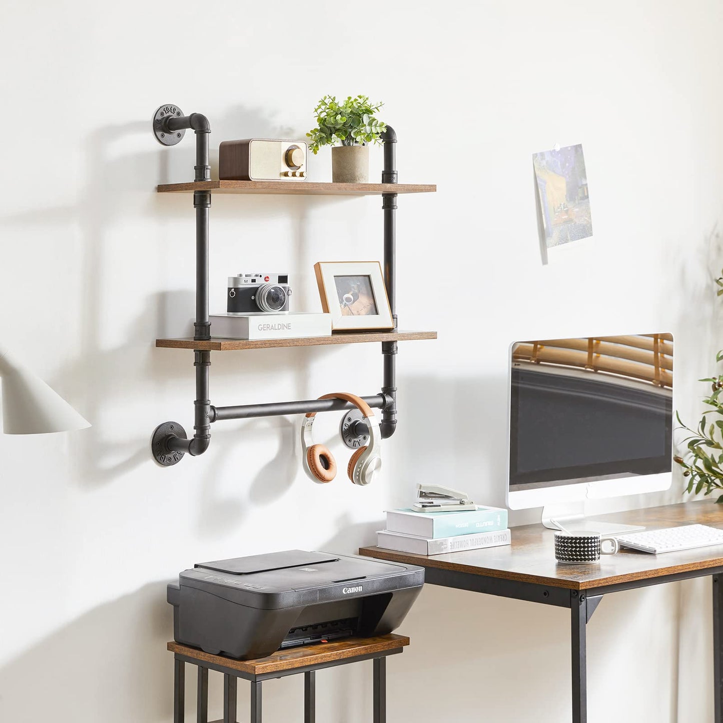 YMYNY Industrial Pipe Shelf Bracket, 2 Tiers Retro Wall Mounted Floating Shelf, Wood Look DIY Storage Shelving Bookshelf, UHRF-TM014