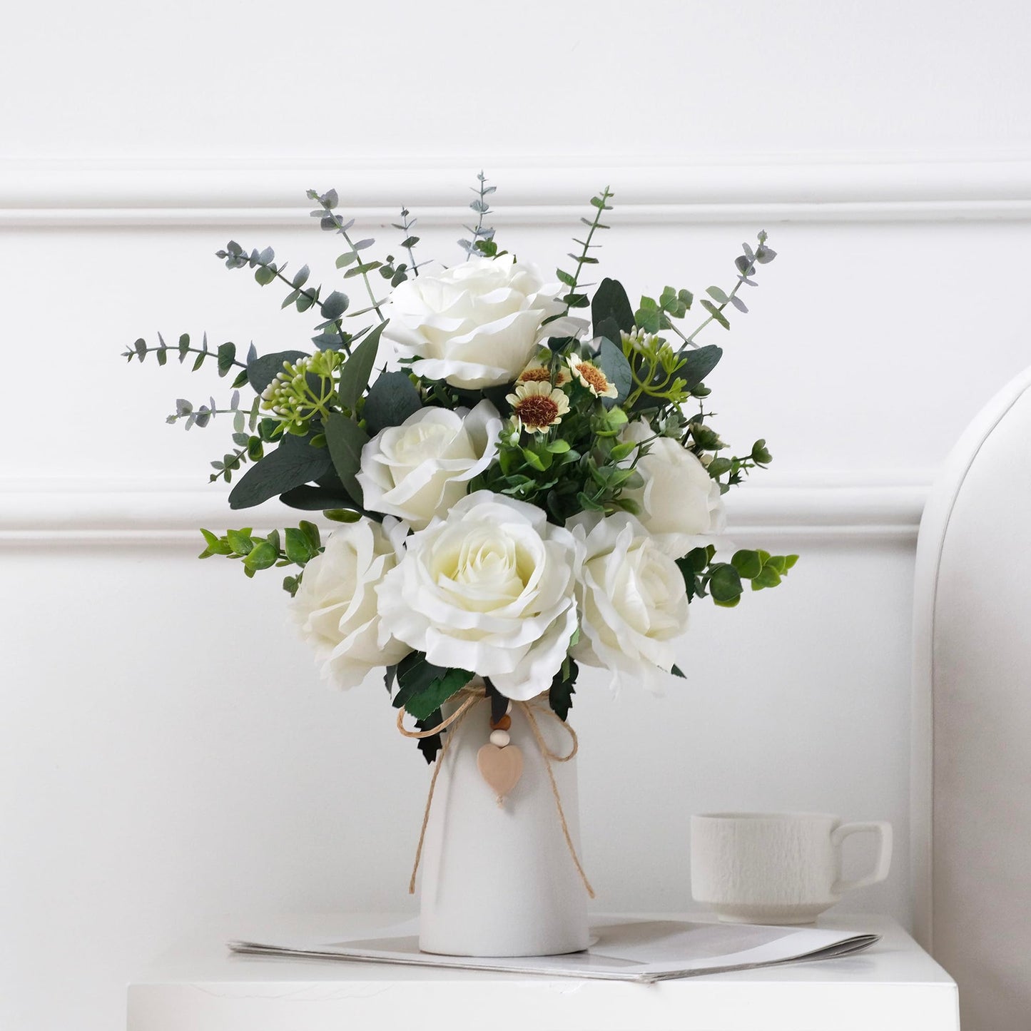 Artificial Rose Flower Arrangement in 6'' White Ceramic Vase with Heart Charm Décor, Flower Arrangement with Eucalyptus Stems and Greenery, Rustic Farmhouse Table Centerpiece, 14"H x 9’’W