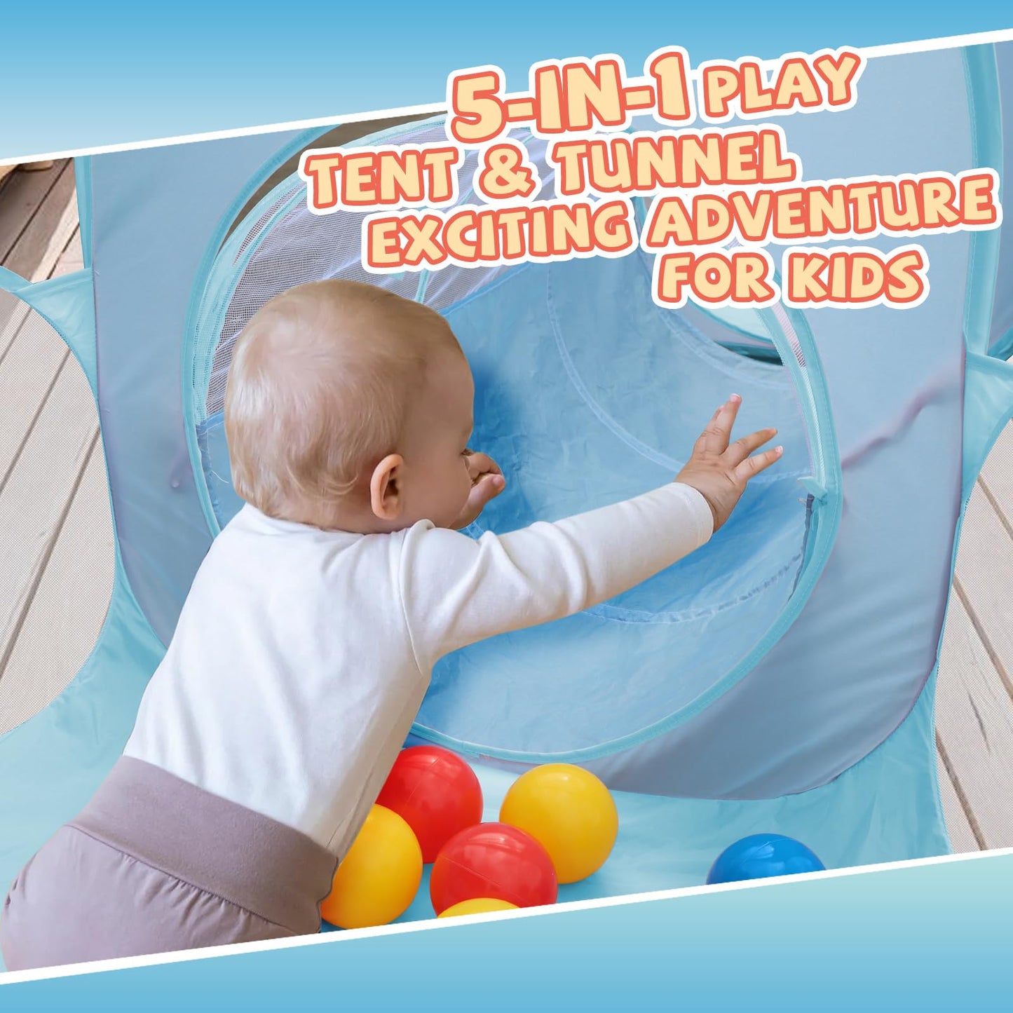 Action Air Kids Play Tent Set with Tunnel and Ball Pit, 5-in-1 Pop Up Playhouse for Toddlers 1-3 (Blue, Green)