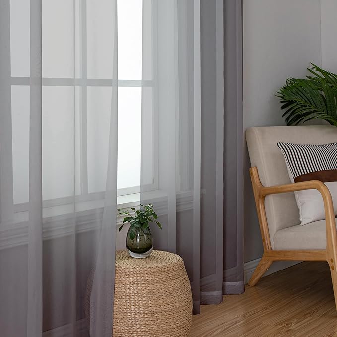 Simplebrand Grey Sheer Curtains 84 Inches Long, Light Filtering Rod Pocket Solid Color Window Sheer Curtain Panels, Elegant Curtains & Drapes for Living Room 2 Panels (Charcoal Grey, 2x42x84'')