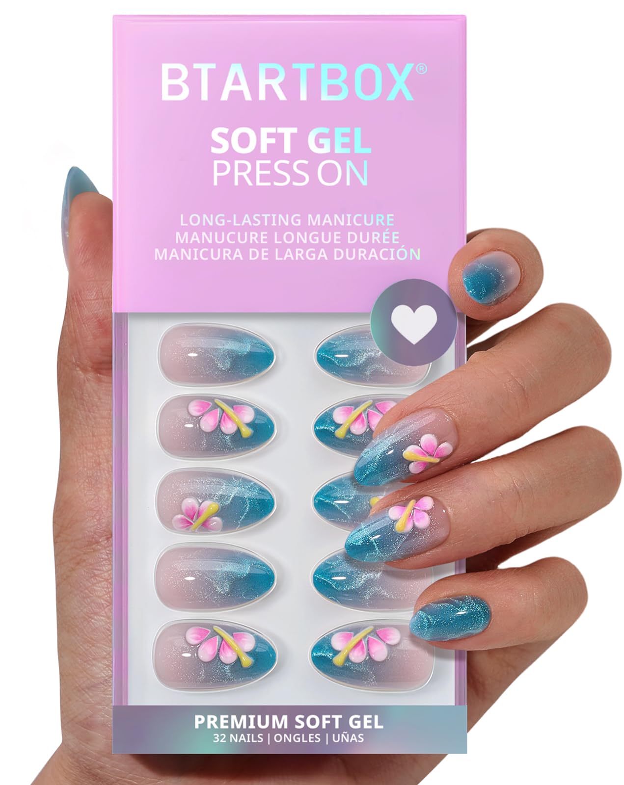 BTArtbox Press On Nails Short - Blue Holiday, Easy-to-Apply 3D Petals Cat Eye Almond Press On Nails with Glue and Adhesive Tabs in 16 Sizes - 32 Nails All-in-One Kit