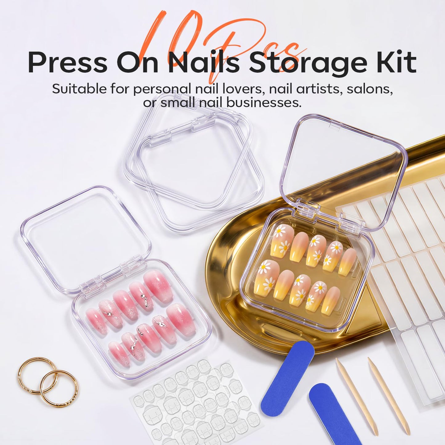 modelones 10pcs Press On Nail Storage Case Clear Acrylic Fake Nails Packaging Box with 30pcs Adhesive Double Sided Tape & 10pcs Nail Tool Kits Nail Supplies Container Transparent for Nail Salon DIY