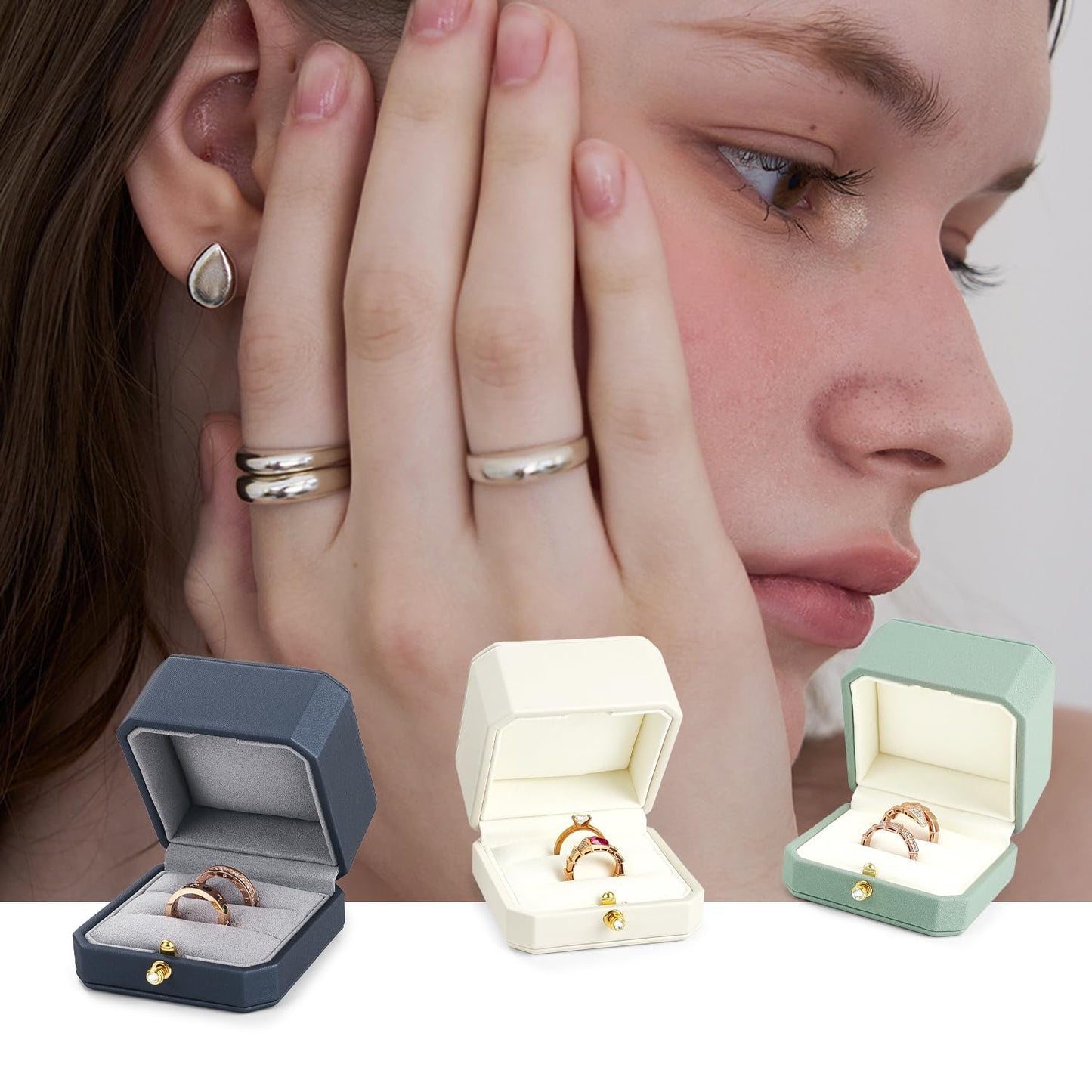 Oirlv Premium Leather Double Ring Box for Wedding Ceremony Engagement Ring Bearer Couple Jewelry Gift Box(White,Double)