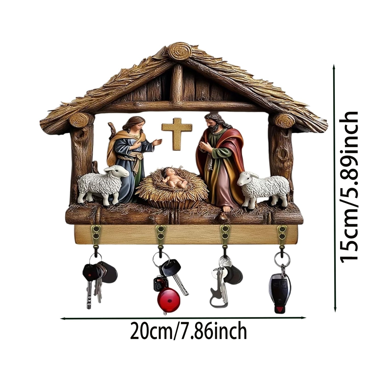 Wall-Mounted Nativity Scene Key Holder, 2D Holy Family and Baby Jesus Manger Wall Hooks (4 Hooks), Religious Christian Home Decor Key Rack Organizer for Entryway, Christmas Religious Gifts