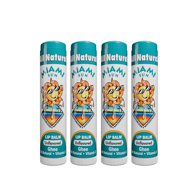 Miami Sun Natural Ghee Lip Balm, Hydrating Lip Treatment with Shea Butter & Beeswax, Organic & Non-Toxic, Best for Dry, Chapped Lips - Moisturizing, Healing, Chemical-Free Lip Care (4 Count, Natural)