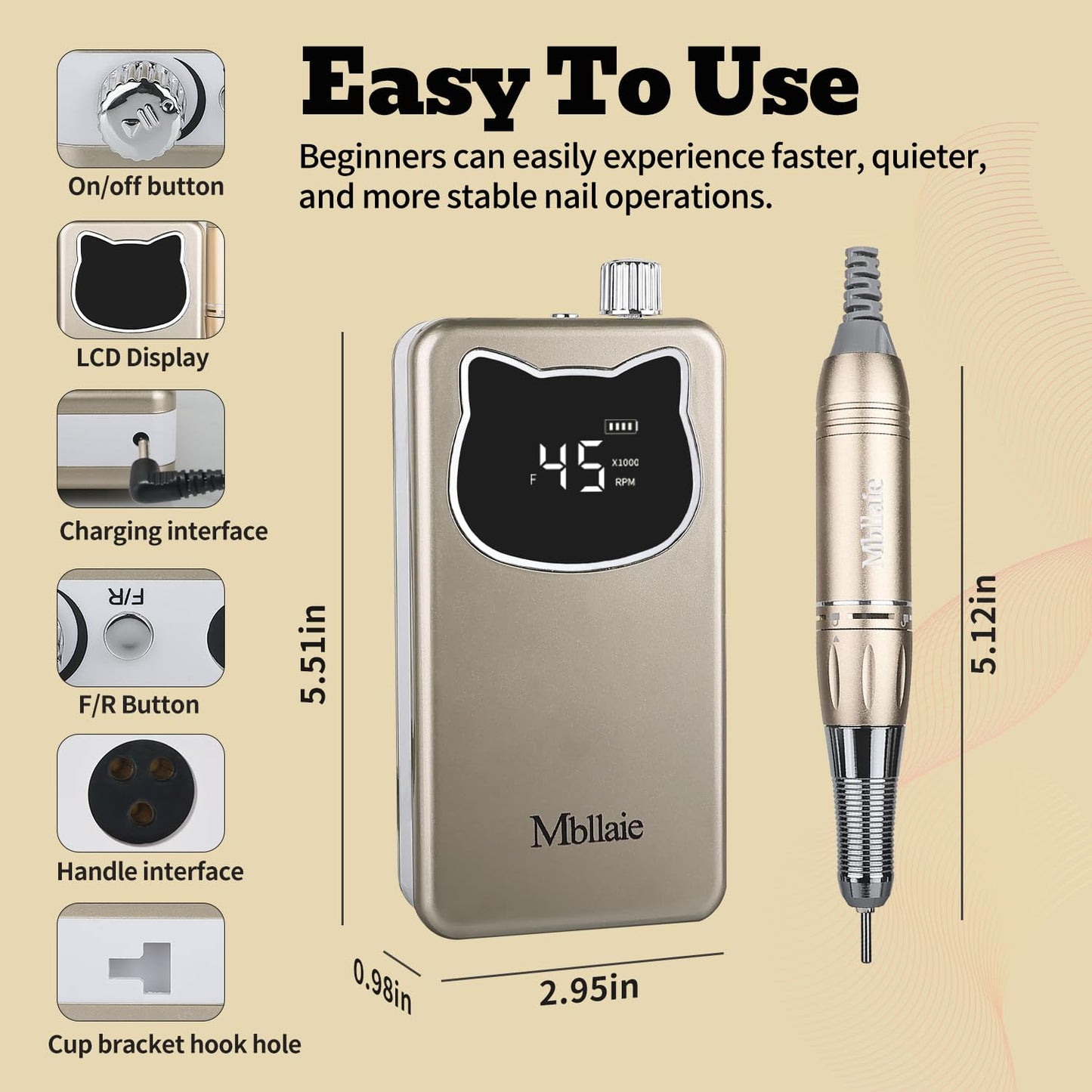 Professional Nail Drill File 45000RPM Electric Portable Kit with Rechargeable 8 uñas Bits Cordless Efile for Gel Acrylic Remover Home Salon Manicure Base Tool (Gold)