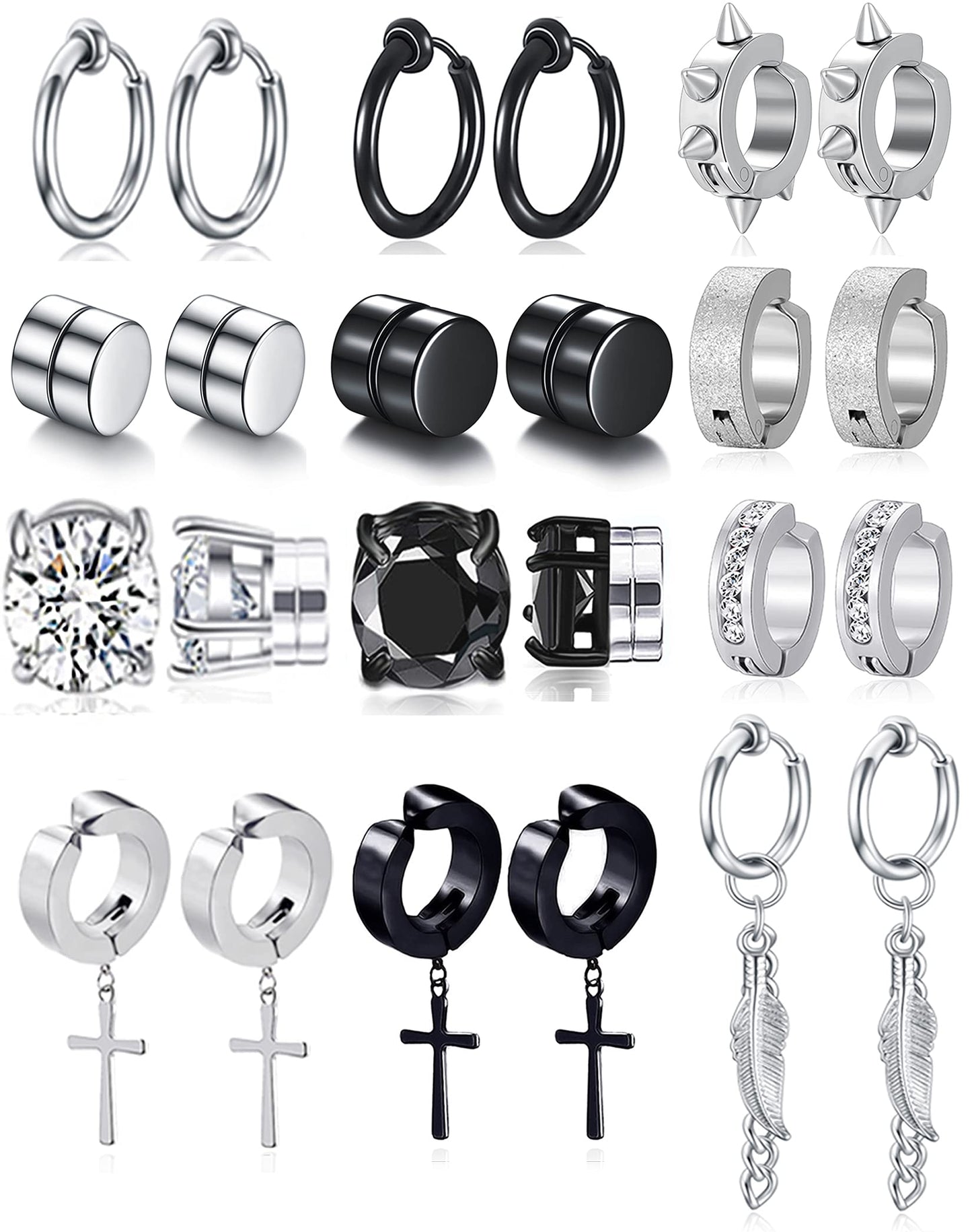 Ofeiyaa 12 Pairs Magnetic Stud Earrings Stainless Steel Non Pierced Earrings Punk CZ Hoop Dangle Hinged Feather Clip on Magnet Earring Set for Men Women Black Silver Tone