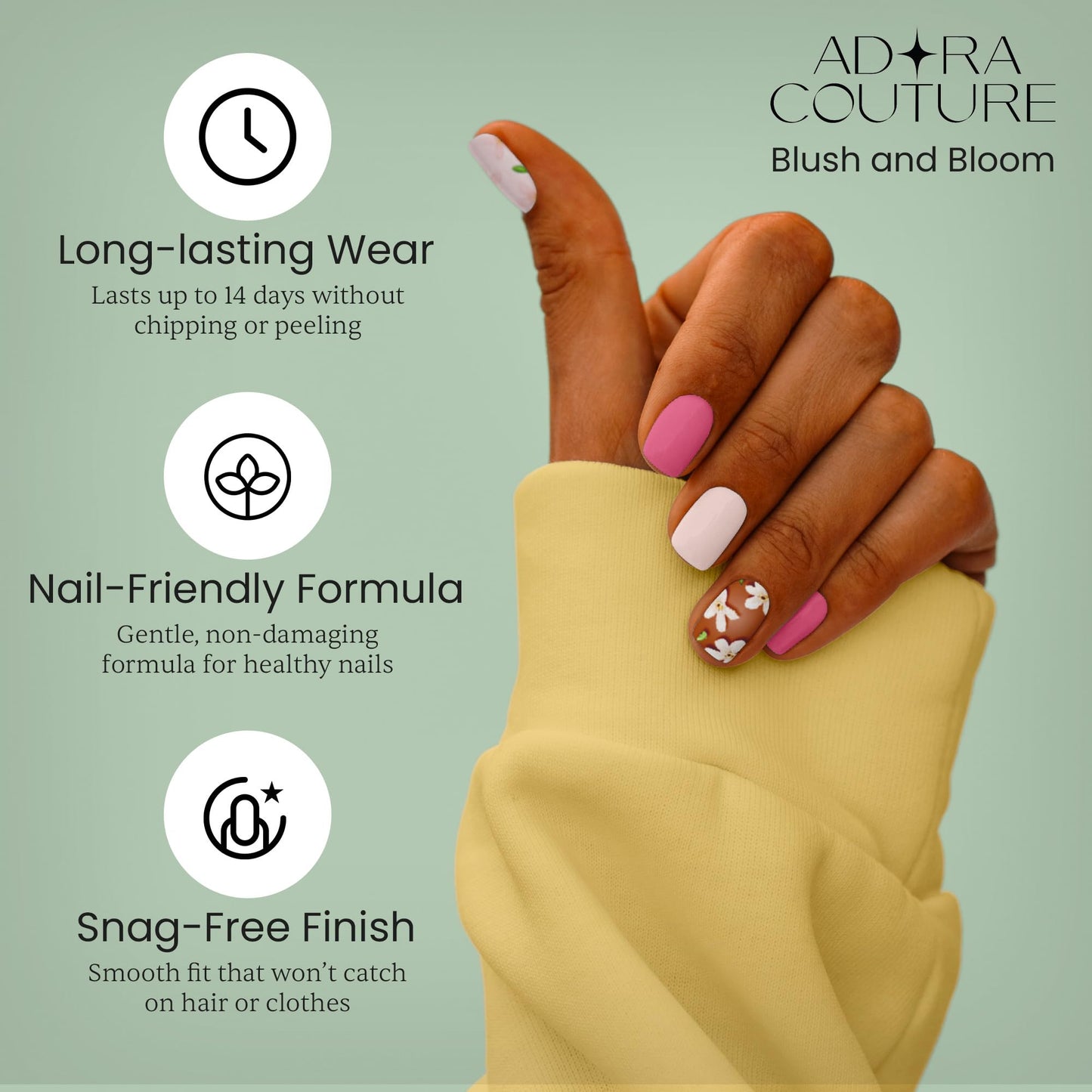 Adora Couture Semi-Cured Gel Nail Strips - 20 Salon-Quality Gel Sticker with UV Light Required, Long Lasting, Easy Application & Removal, Includes Prep Pad, Nail File, Wooden Stick – Blush and Bloom