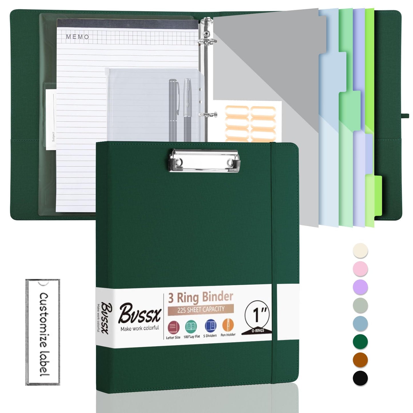BVSSX 3 Ring Binder with Clipboard,1 Inch Binders with Notepad&5 Dividers with Pockets, Labels,PU Clipboards for School Office(Green,Letter Size)