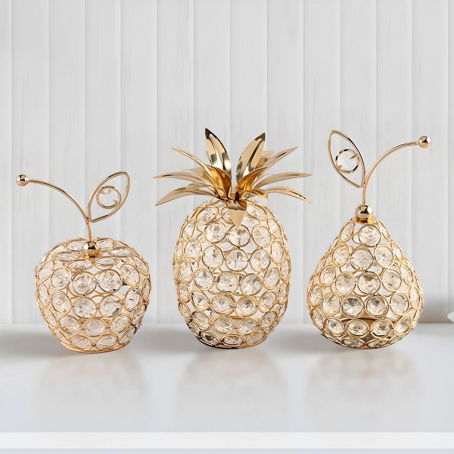 3 Pcs Golden Crystal Hollow Candlestick, Metal Crystal Table Centerpiece, Including Pineapple Pear Apple, Decorative Candlestick, Ideal for Wedding, Party, Anniversary and Home Decor