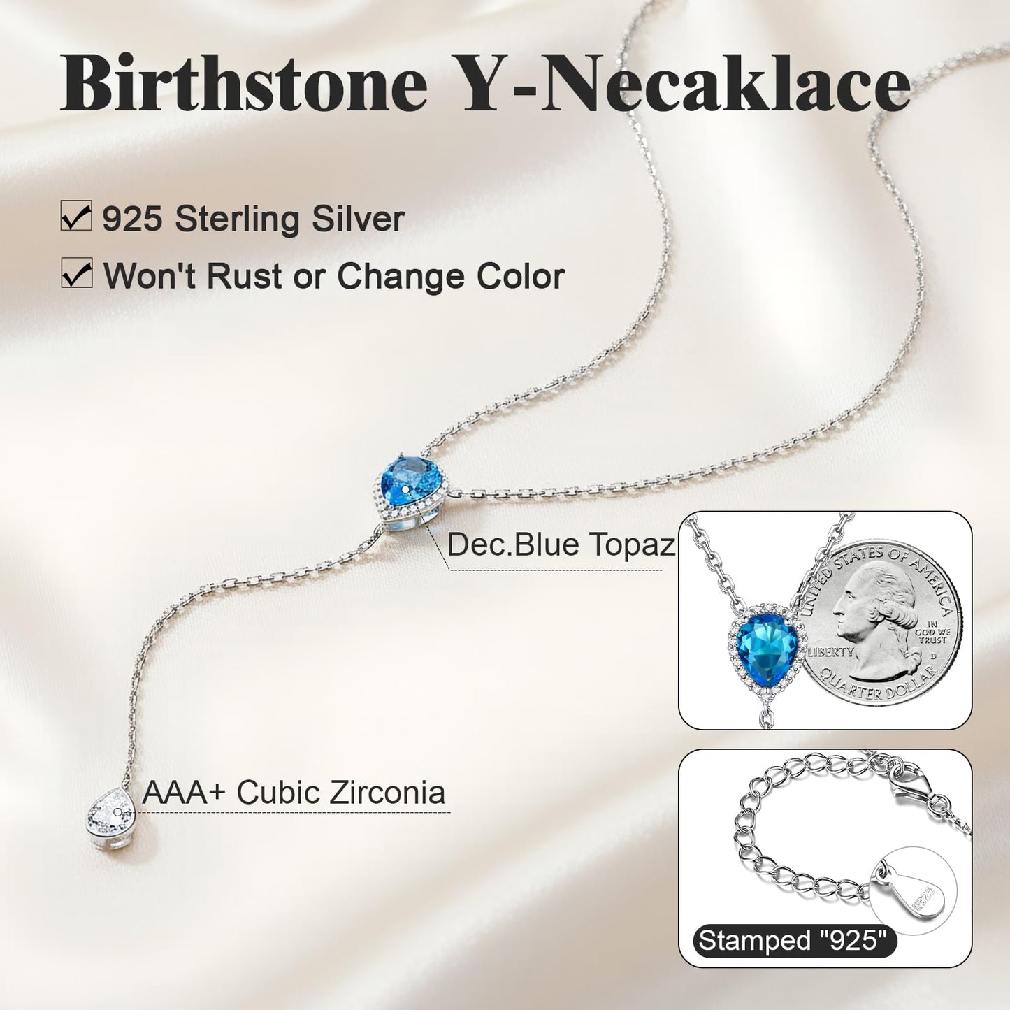 FOCALOOK 925 Sterling Silver CZ Teardrop Lariat Necklace 16"-18" Y Drop Adjustable Birthstone Necklaces Christmas Gift for Women
