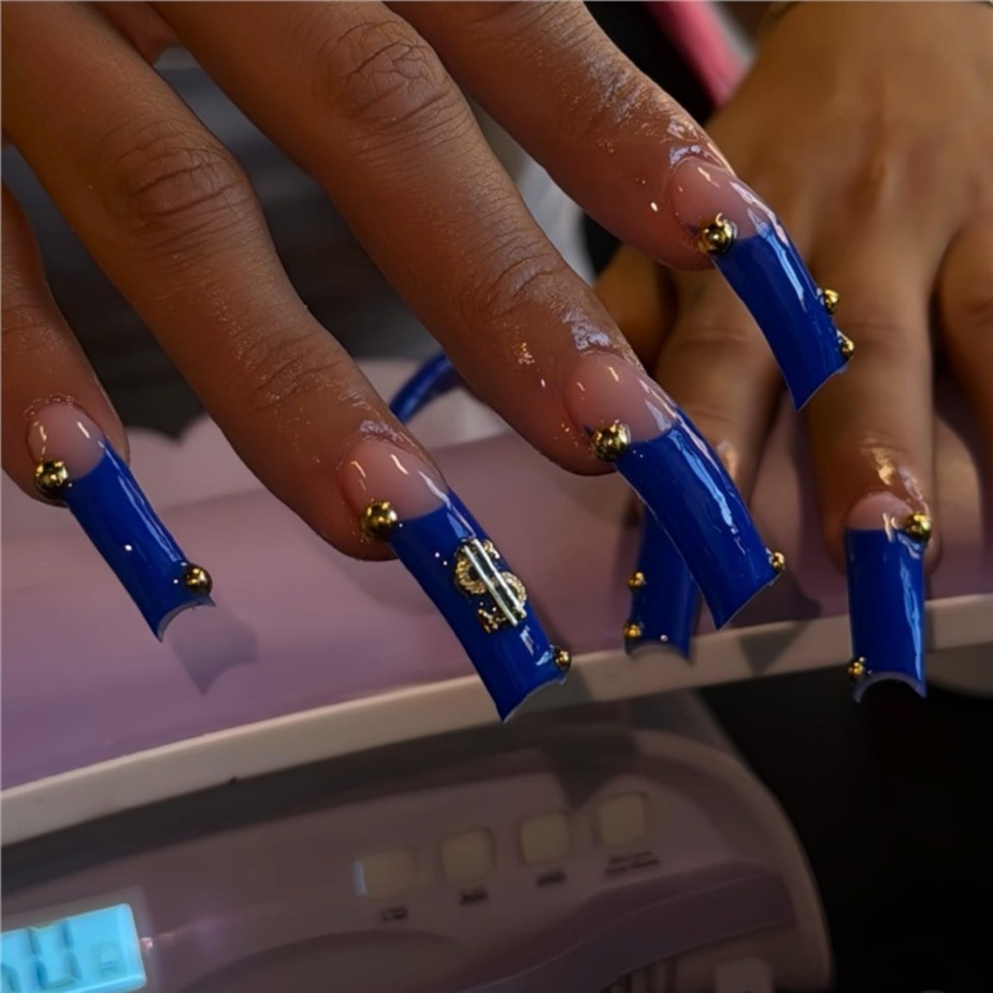SEENEEY Curved Press on Nails Long Fake Nails Blue Artificial Nail Gold Charm Stick on Nail for Women 20pcs